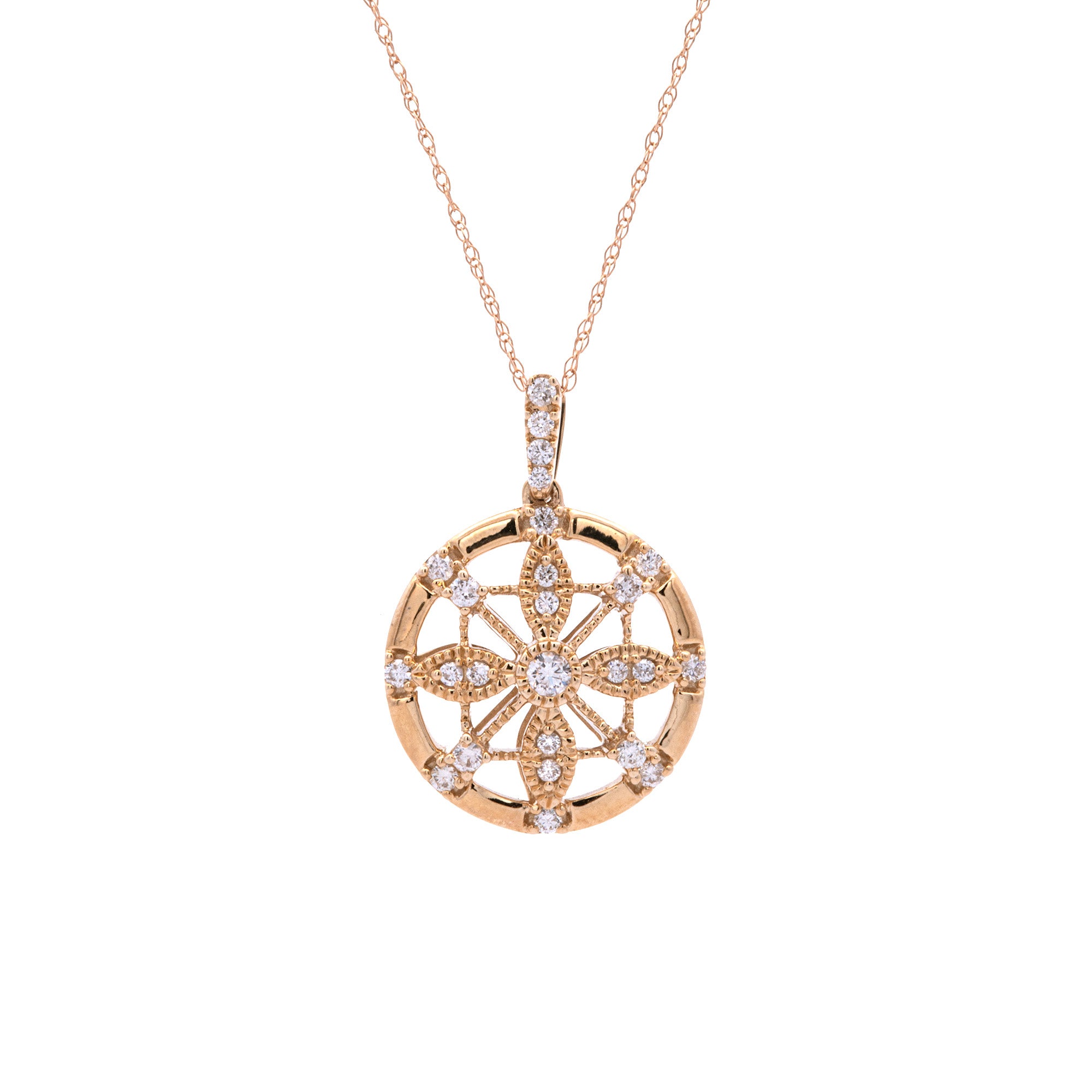 14K Yellow Gold Diamond Dream Catcher Pendant With 18 Inch Chain