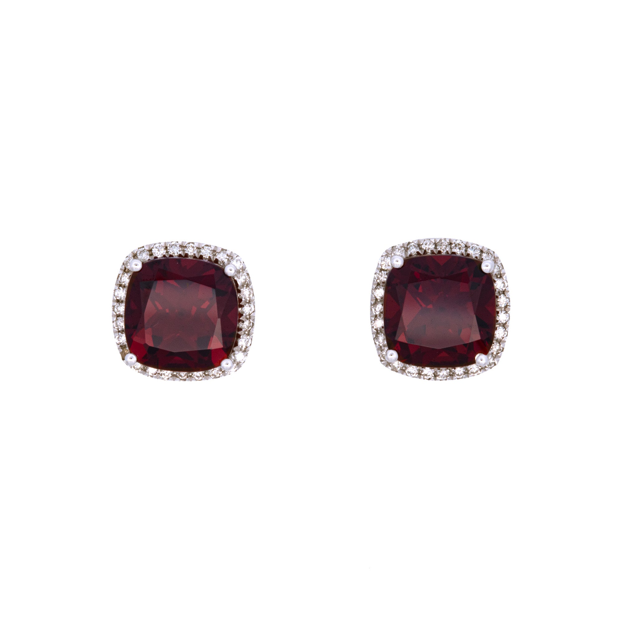 14K White Gold Cushion Cut Garnet And Diamond Halo Stud Earrings
