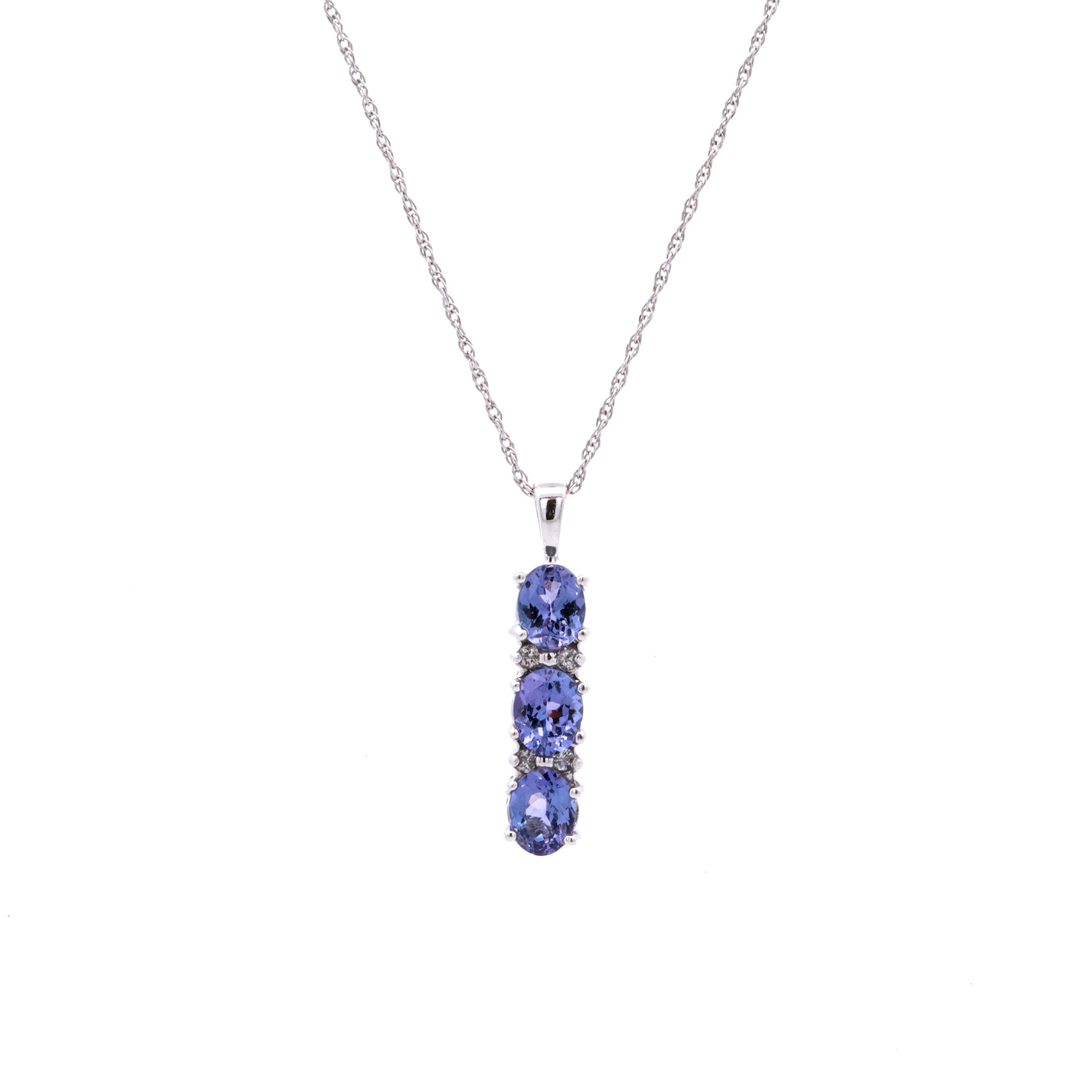 14K White Gold Three Stone Tanzanite Pendant With Diamond Accents And