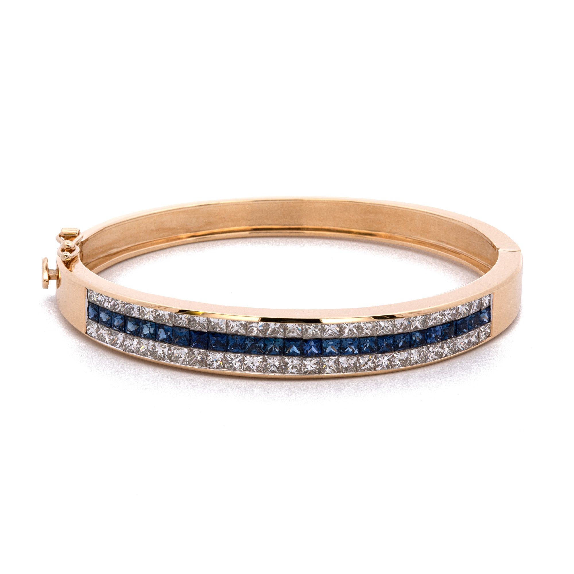 18K Yellow Gold Diamond And Sapphire Three-Row Bangle Bracelet