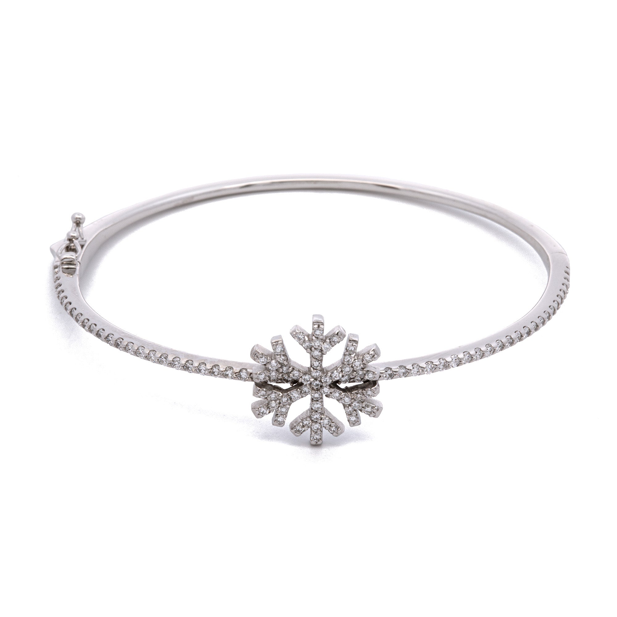 Custom 14k White Gold Diamond Snowflake Bangle Bracelet Ferro Jewelers 1876