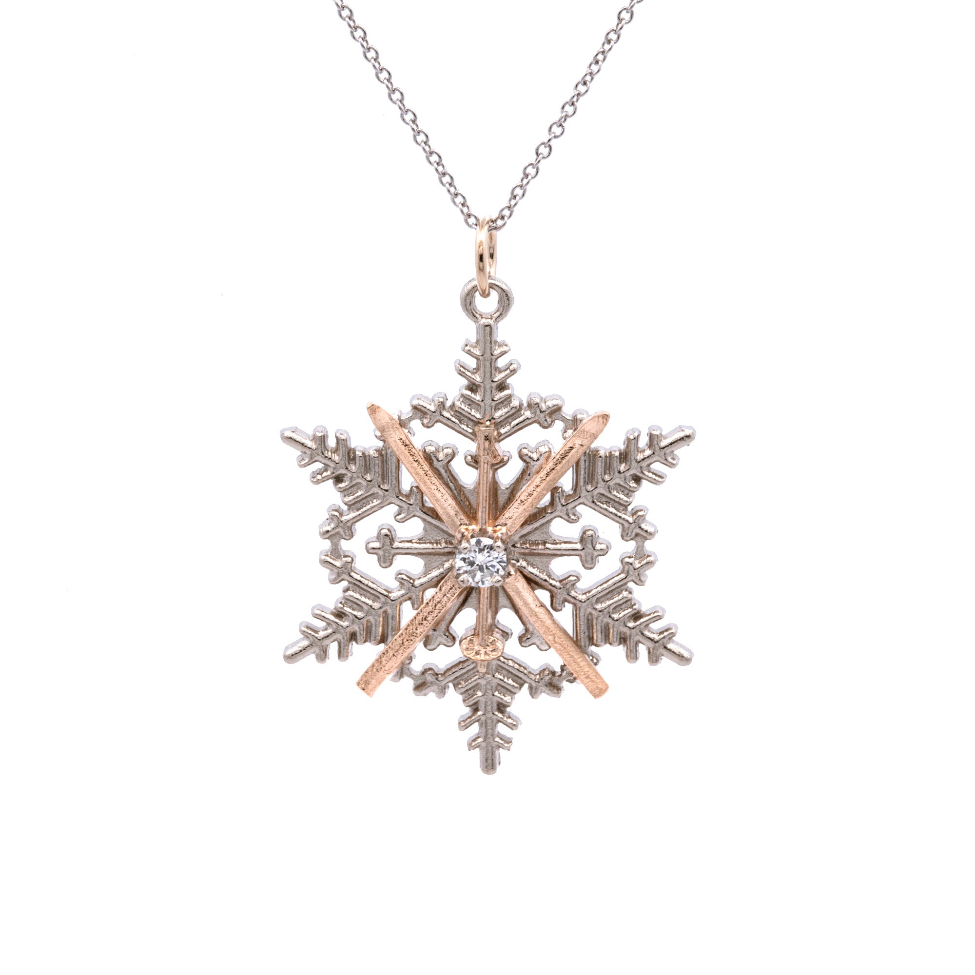 Ski Museum Diamond Snowflake And Ski Pendant With 18 Inch Chain, 14K W