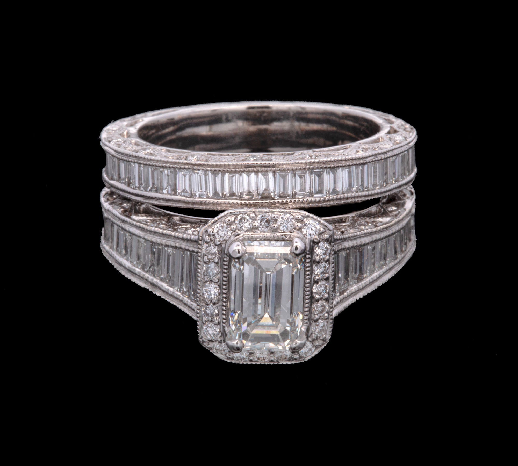 18K White Gold Emerald Cut Diamond Ring And Wedding Band Set