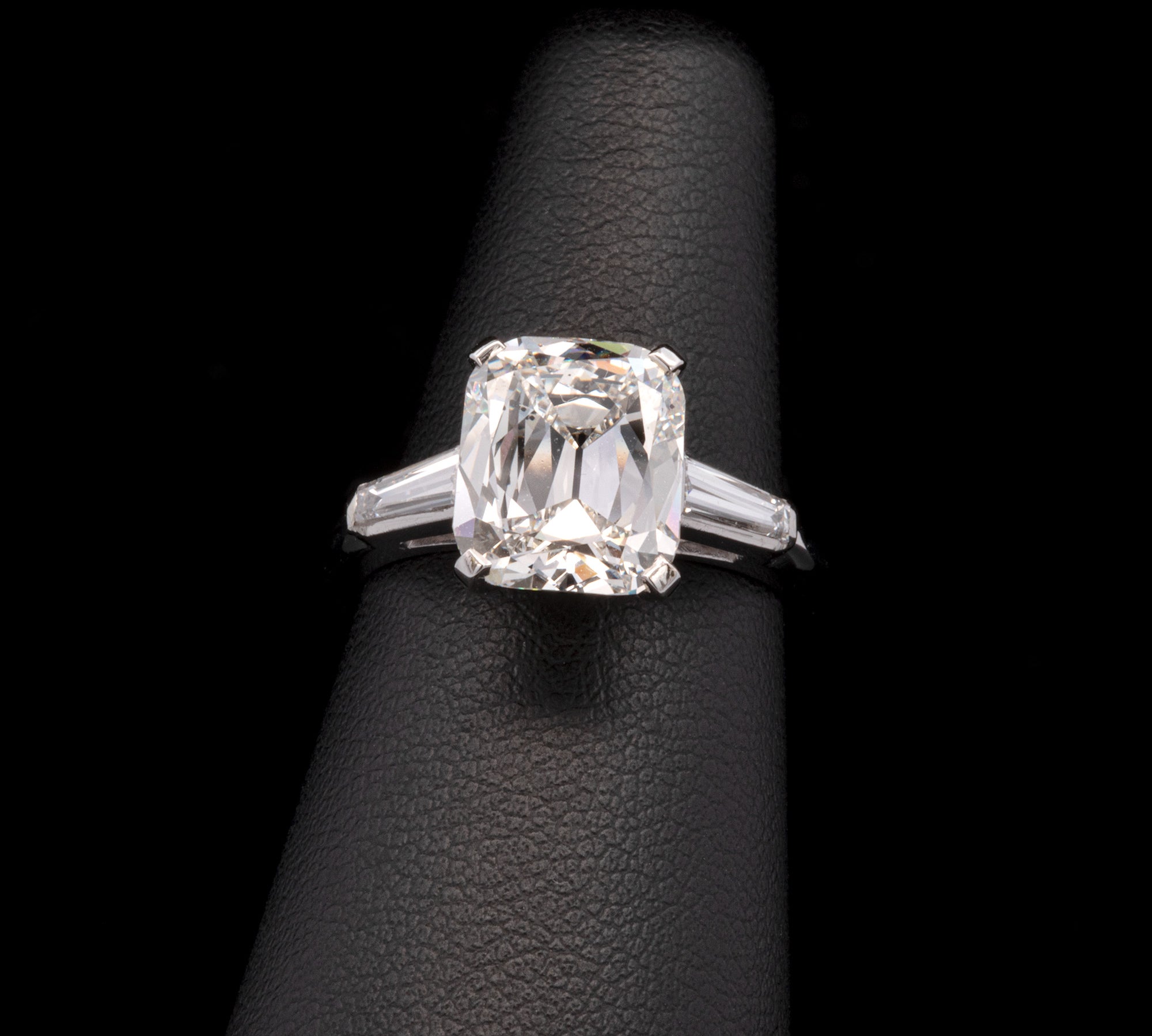 Platinum Art Deco Cushion Cut Diamond Ring With Tapered Baguette Diamonds