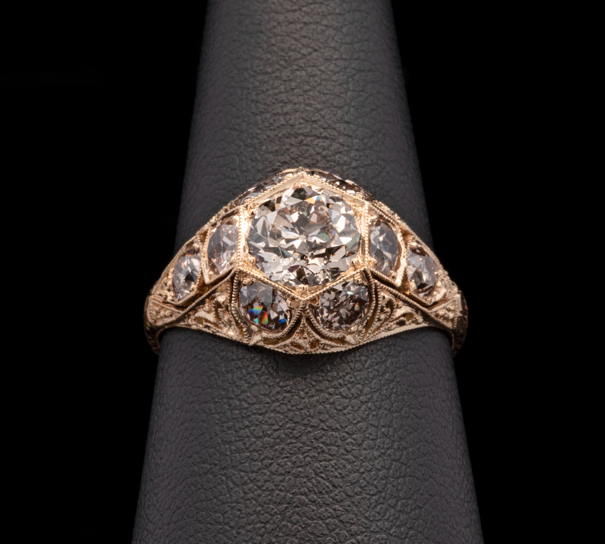 18K Yellow Gold Diamond Chased Milgrain Open Work Hexagon Engagement Ring