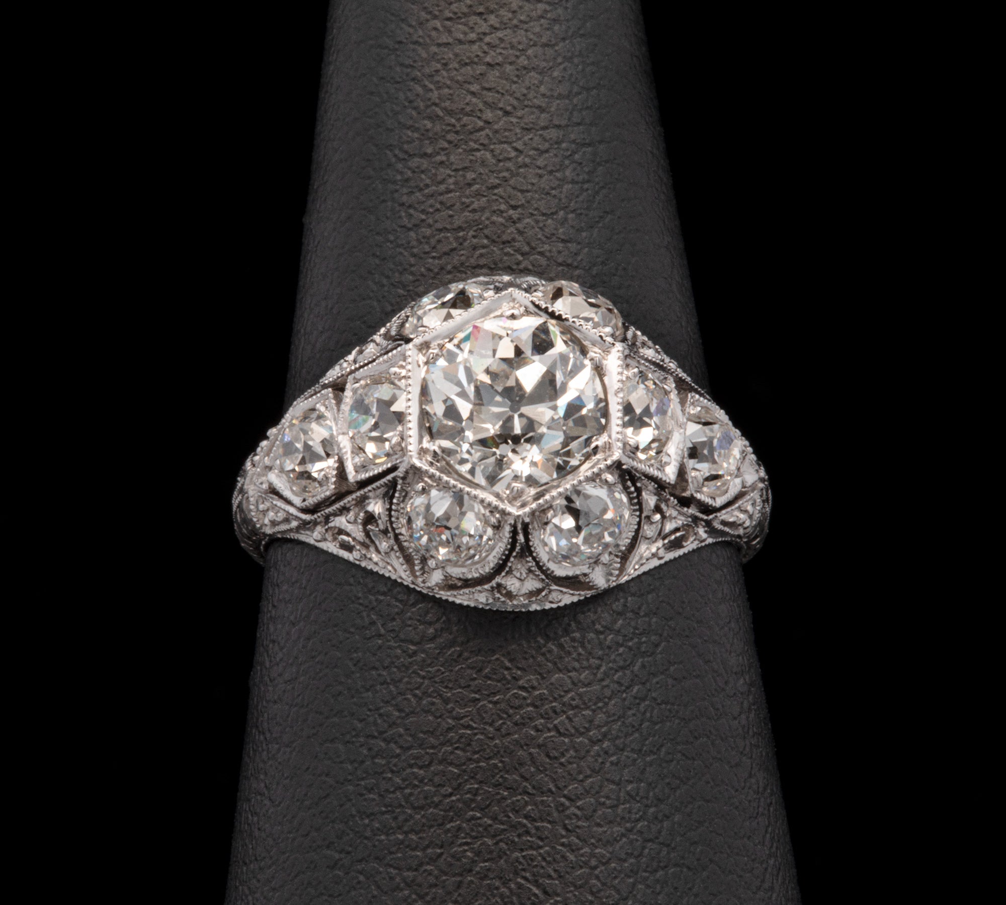 Platinum Diamond Chased Milgrain Openwork Hexagon Top Engagement Ring
