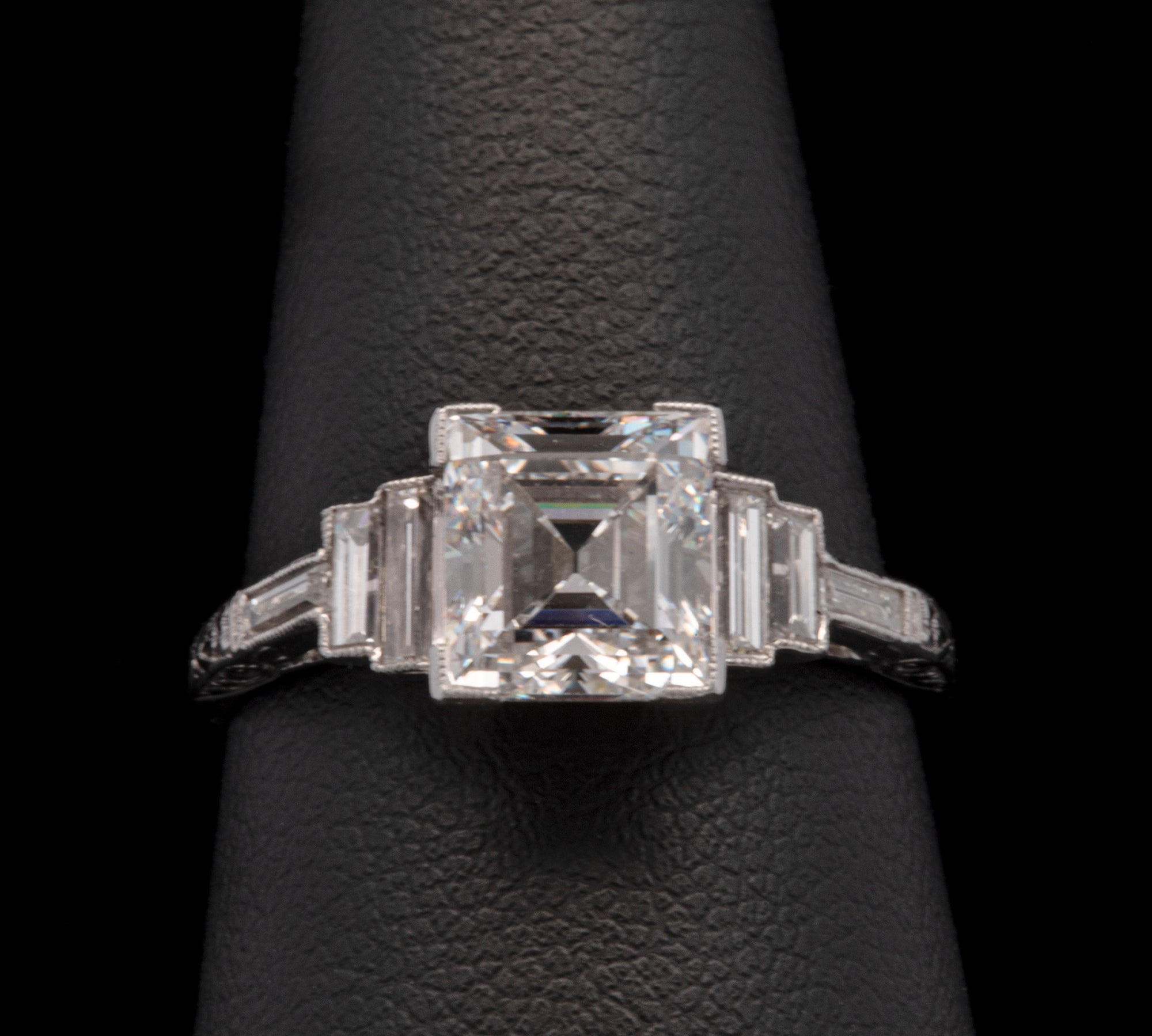 Platinum Art Deco Chased Square Cut Diamond Ring