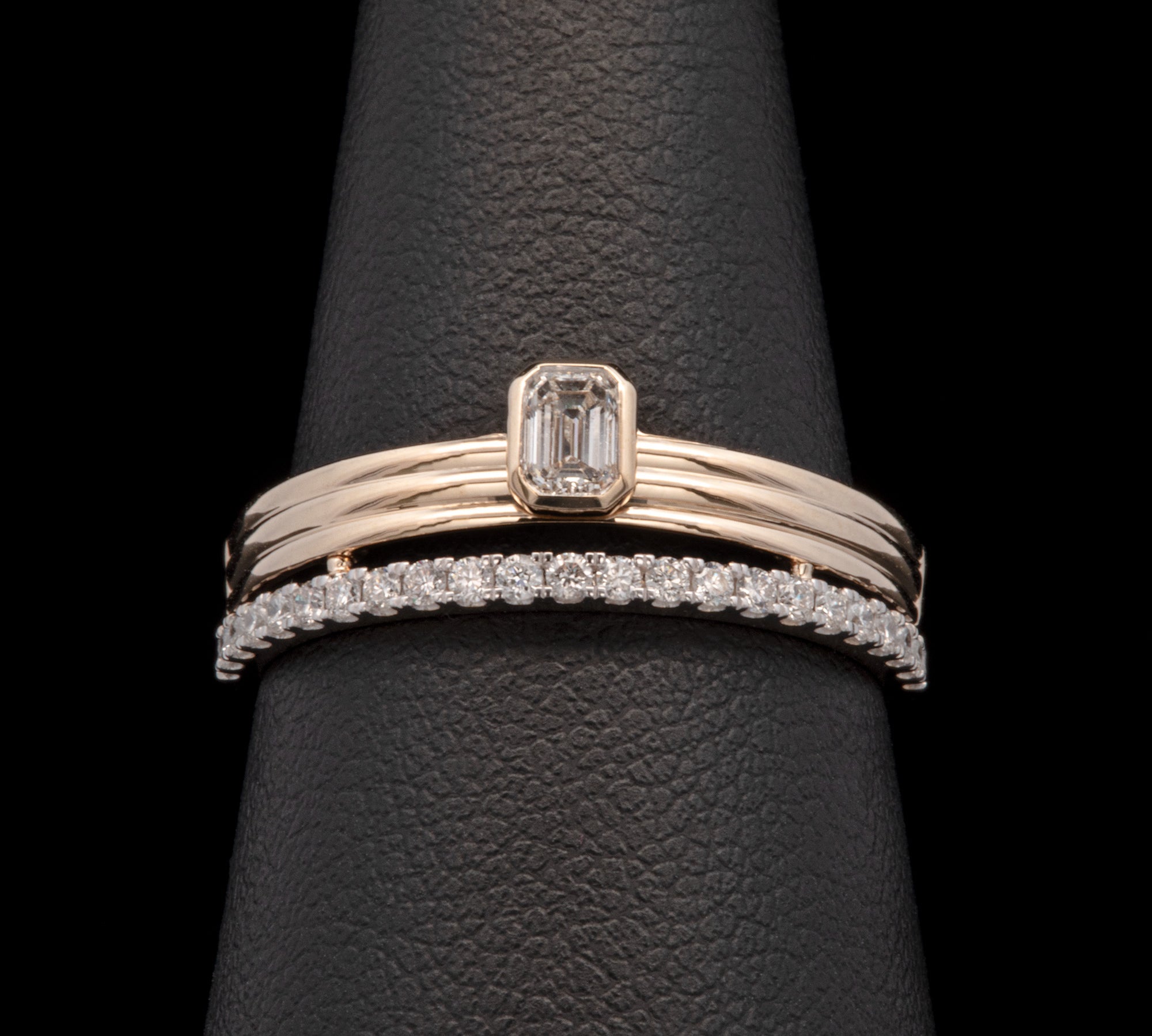 14K Yellow Gold Bezel Set Emerald Cut Diamond Ring With Half Eternity Band