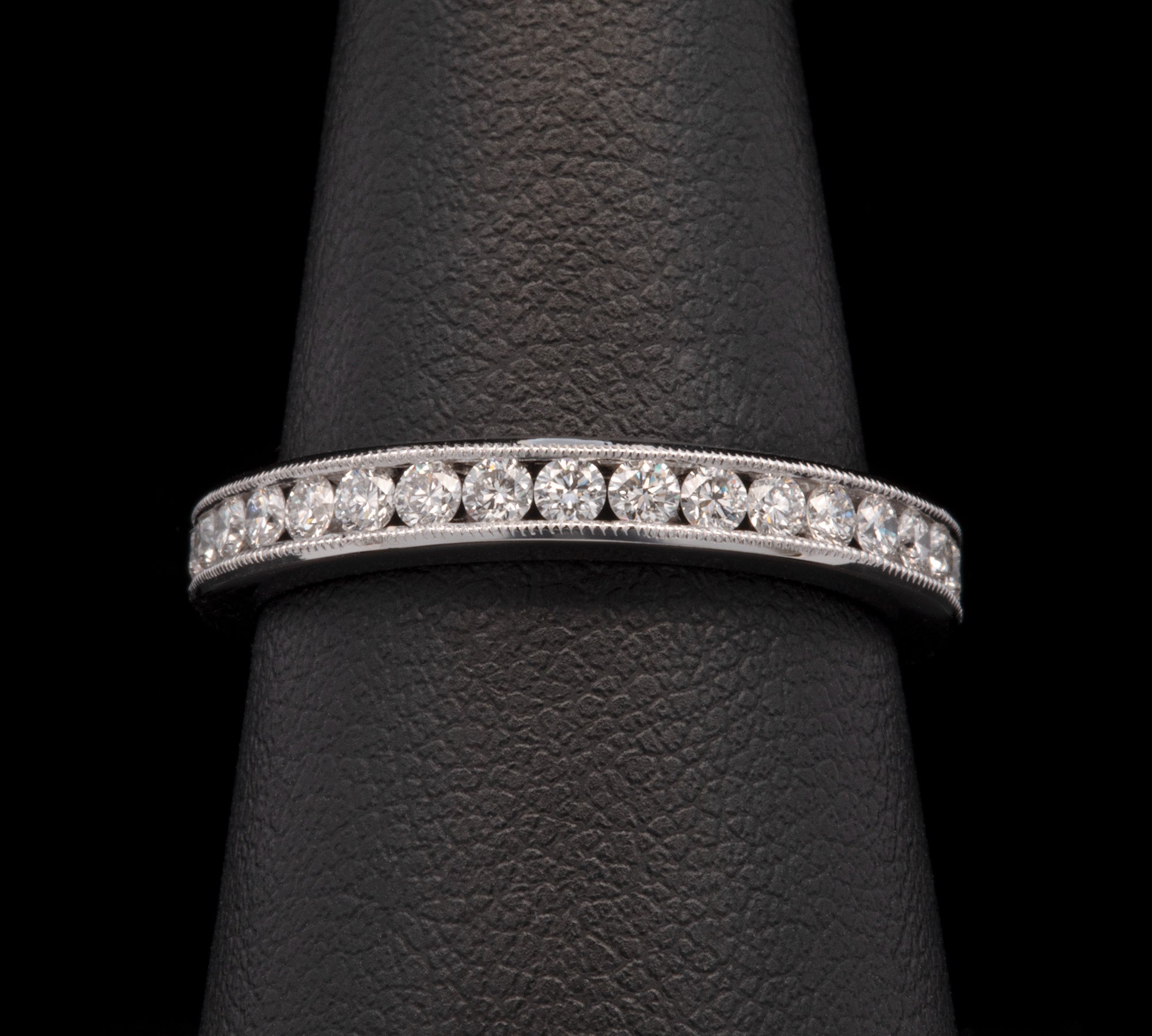 18K White Gold Channel Set Diamond Half Eternity Band With Milgrain Edge