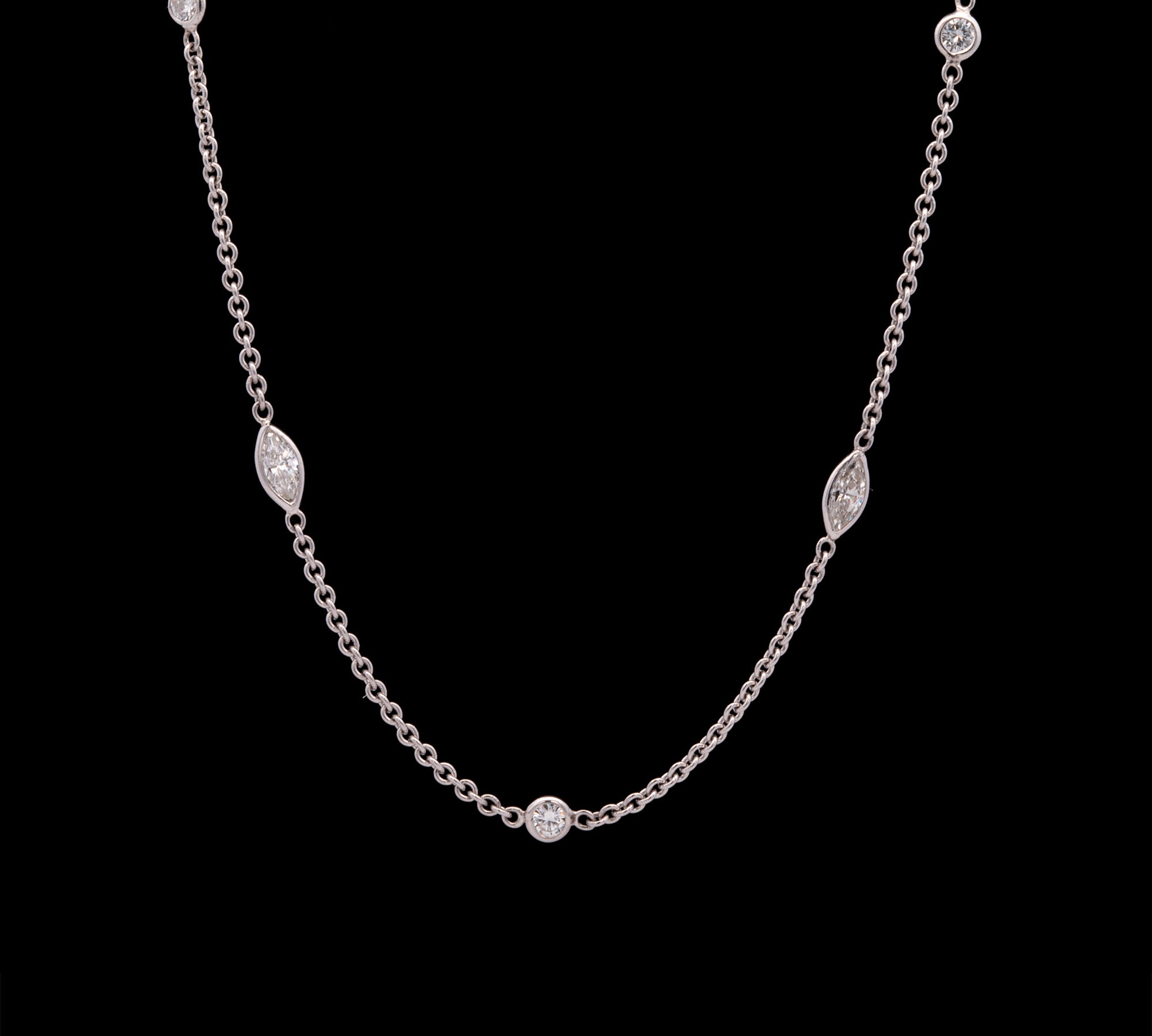 18K White Gold Alternating Marquise And Round Diamond Station Necklace, 18 Inches