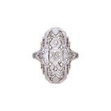 14K White Gold Art Deco Three Diamond Dinner Ring With Filigree
