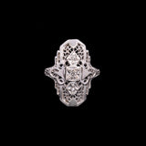 14K White Gold Art Deco Three Diamond Dinner Ring With Filigree