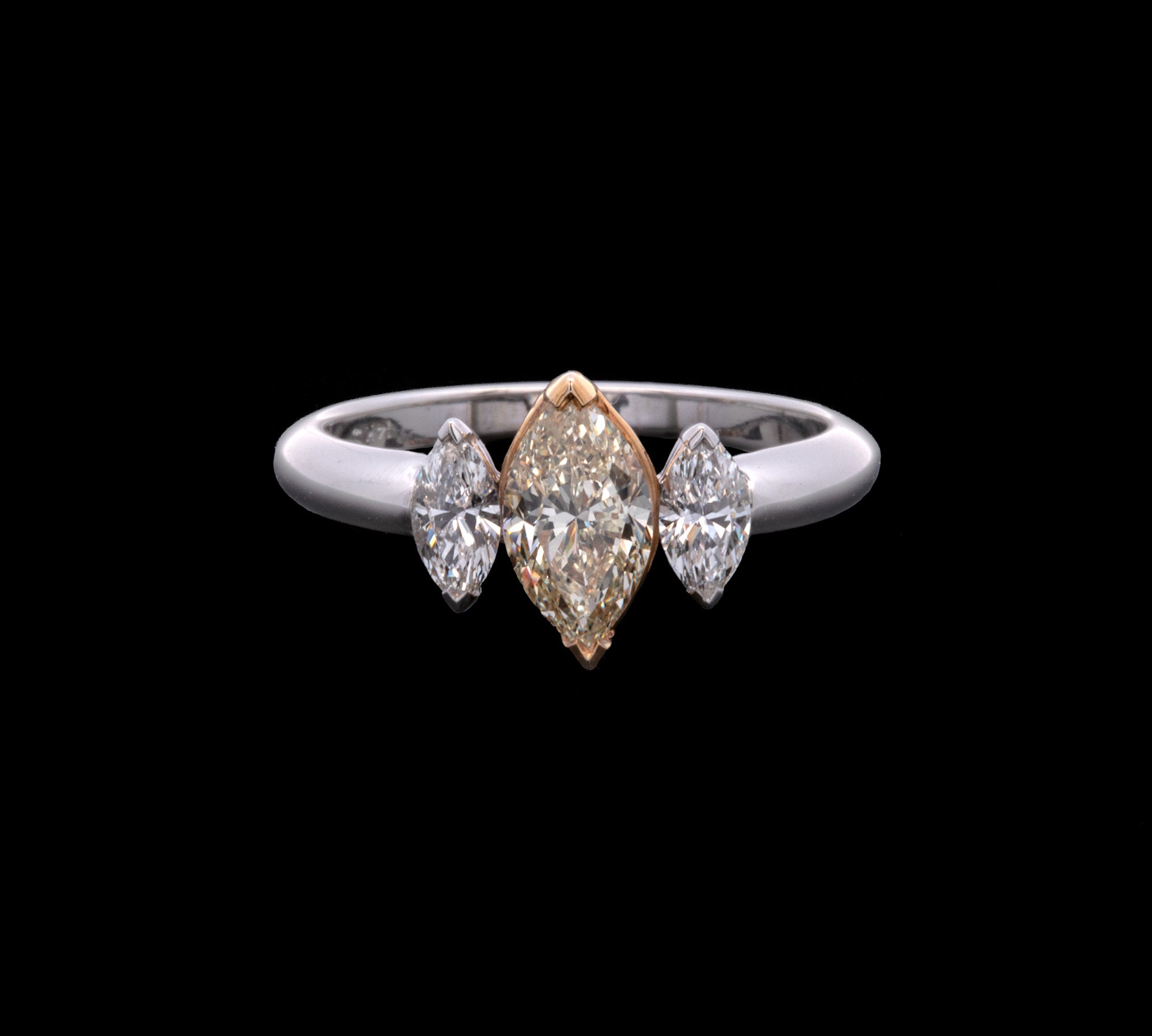14K White Gold Fancy Yellow Marquise Diamond And White Marquise Diamond Three Stone Ring