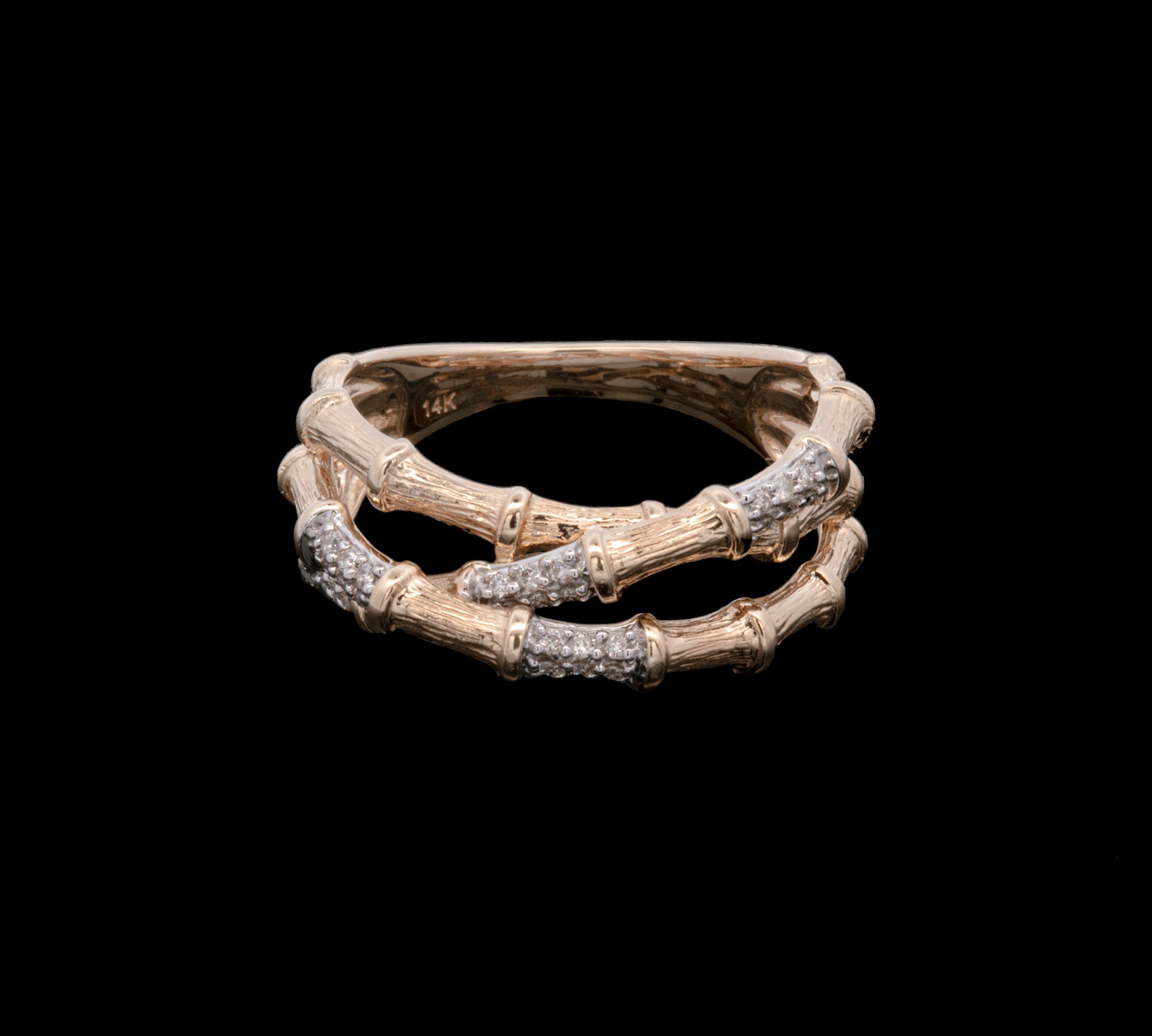 14K Yellow Gold Bamboo Diamond Criss-Cross Ring