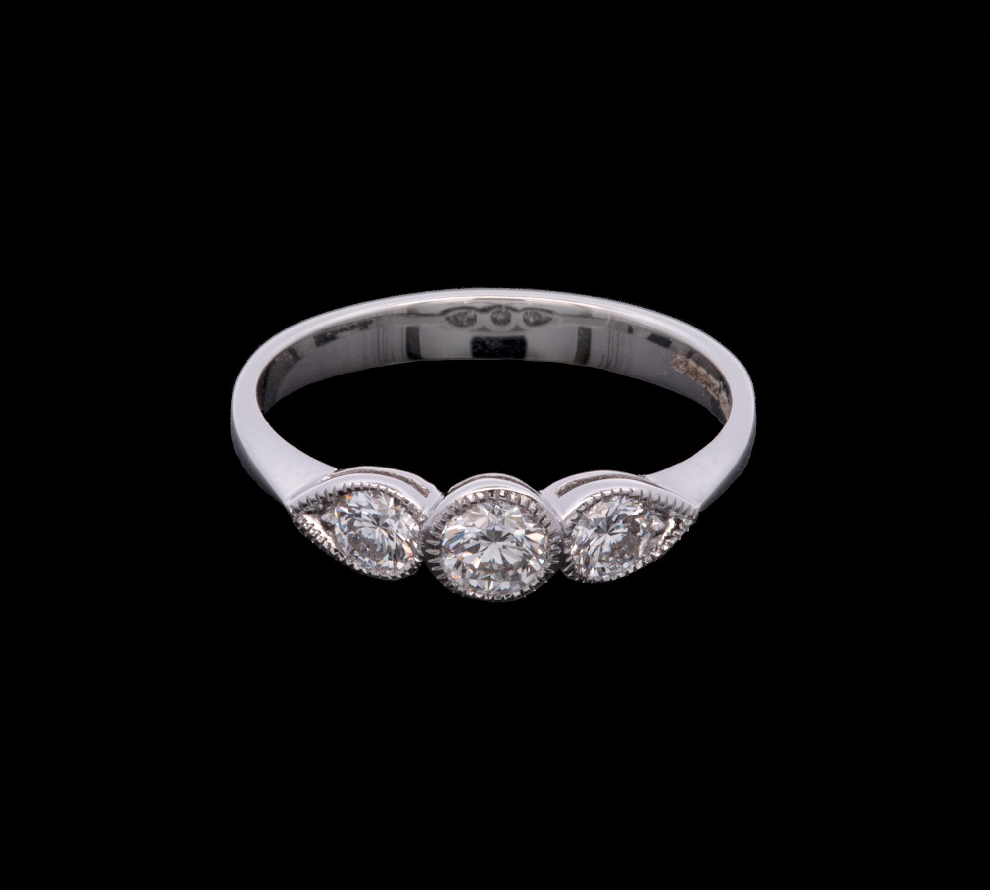 18K White Gold Bezel Set Three Stone 0.55ctw Diamond Milgrain Ring