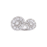 18K White Gold Double Flower Ring With Round and Baguette Diamonds