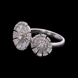 18K White Gold Double Flower Ring With Round and Baguette Diamonds