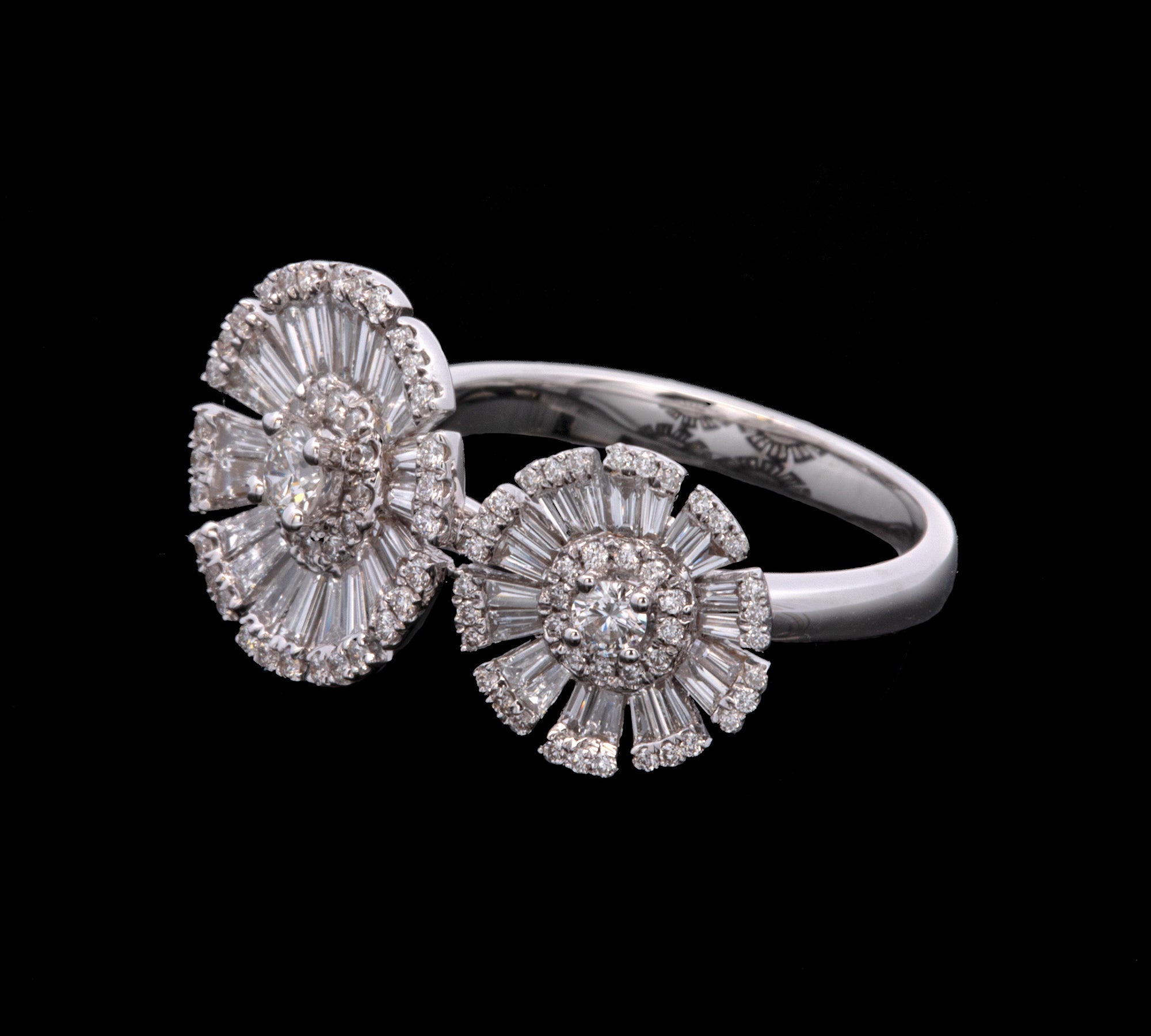 18K White Gold Double Flower Ring With Round and Baguette Diamonds