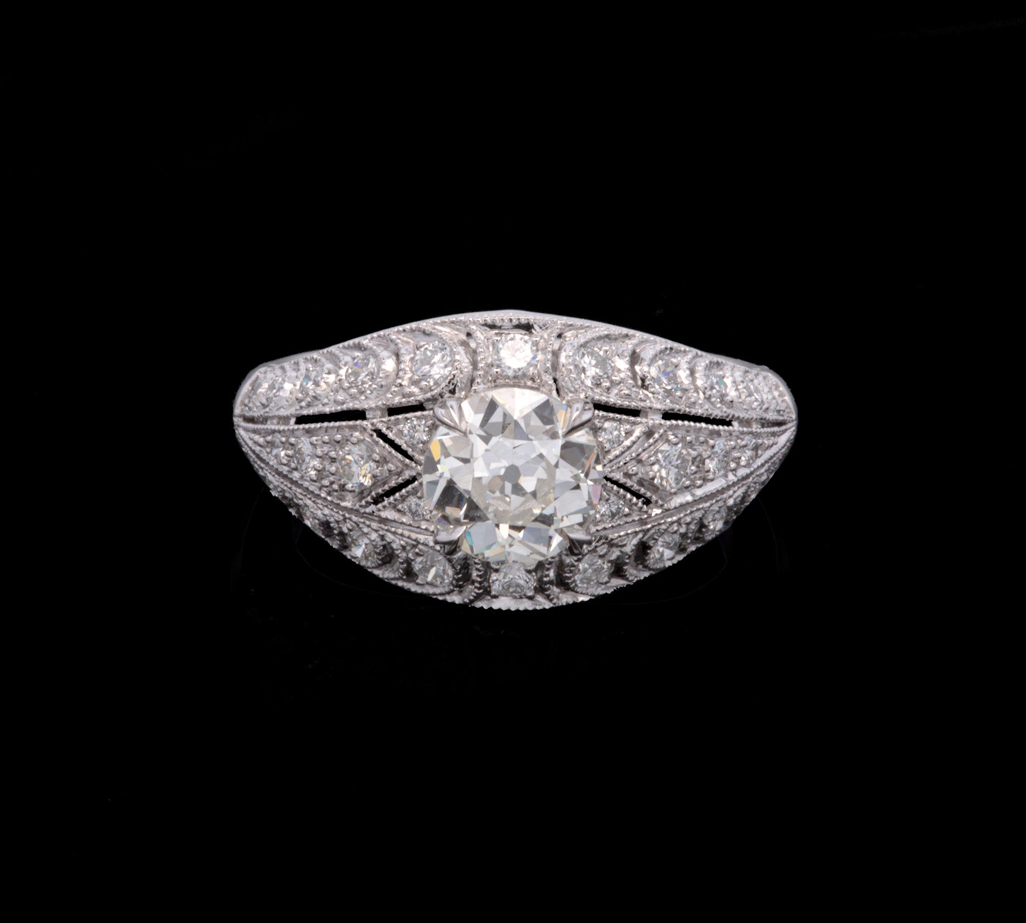 Platinum Old Mine Cut Diamond Ring With Milgrain