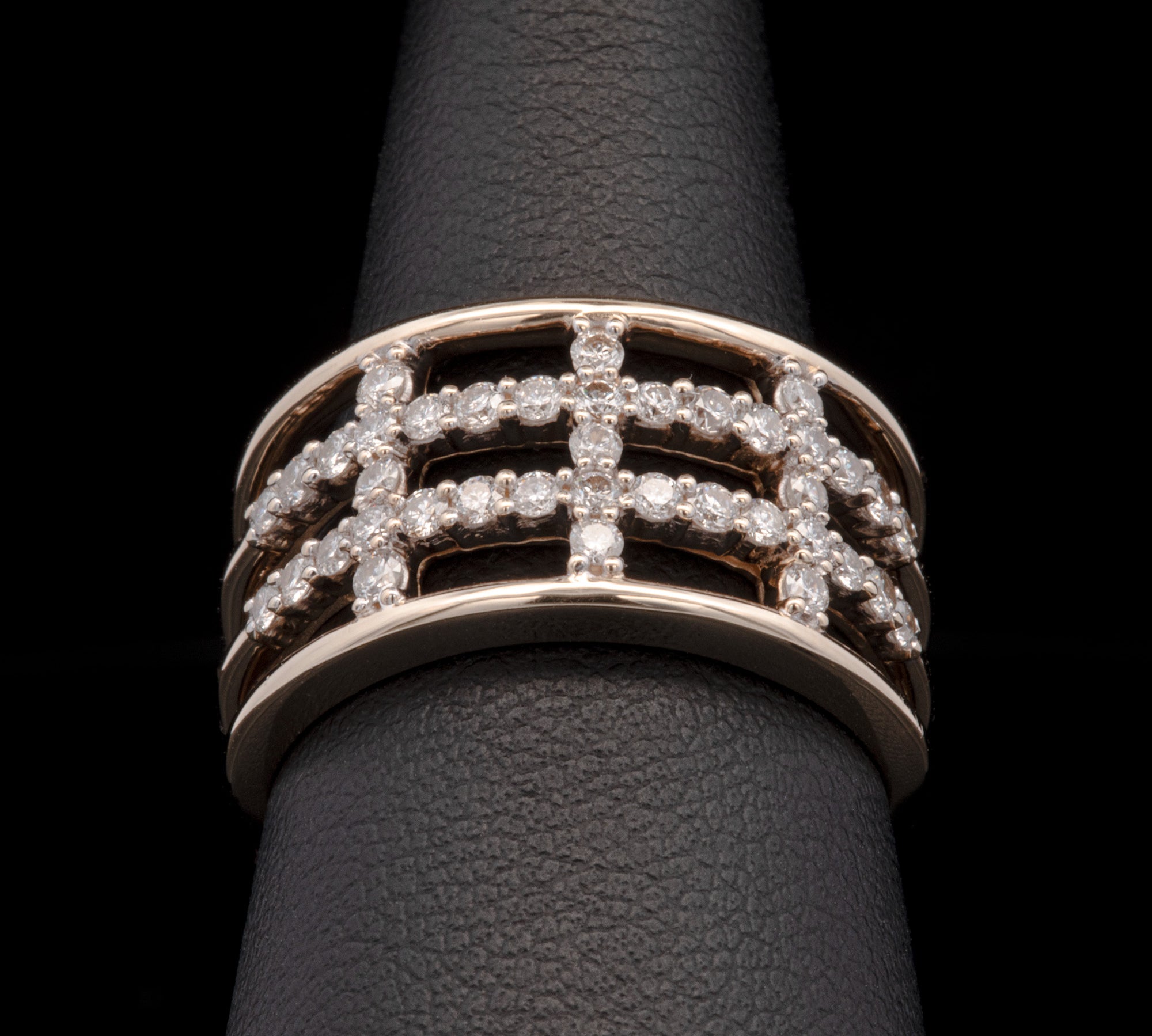 14K Yellow Gold Wide Space Four Row Diamond Ring