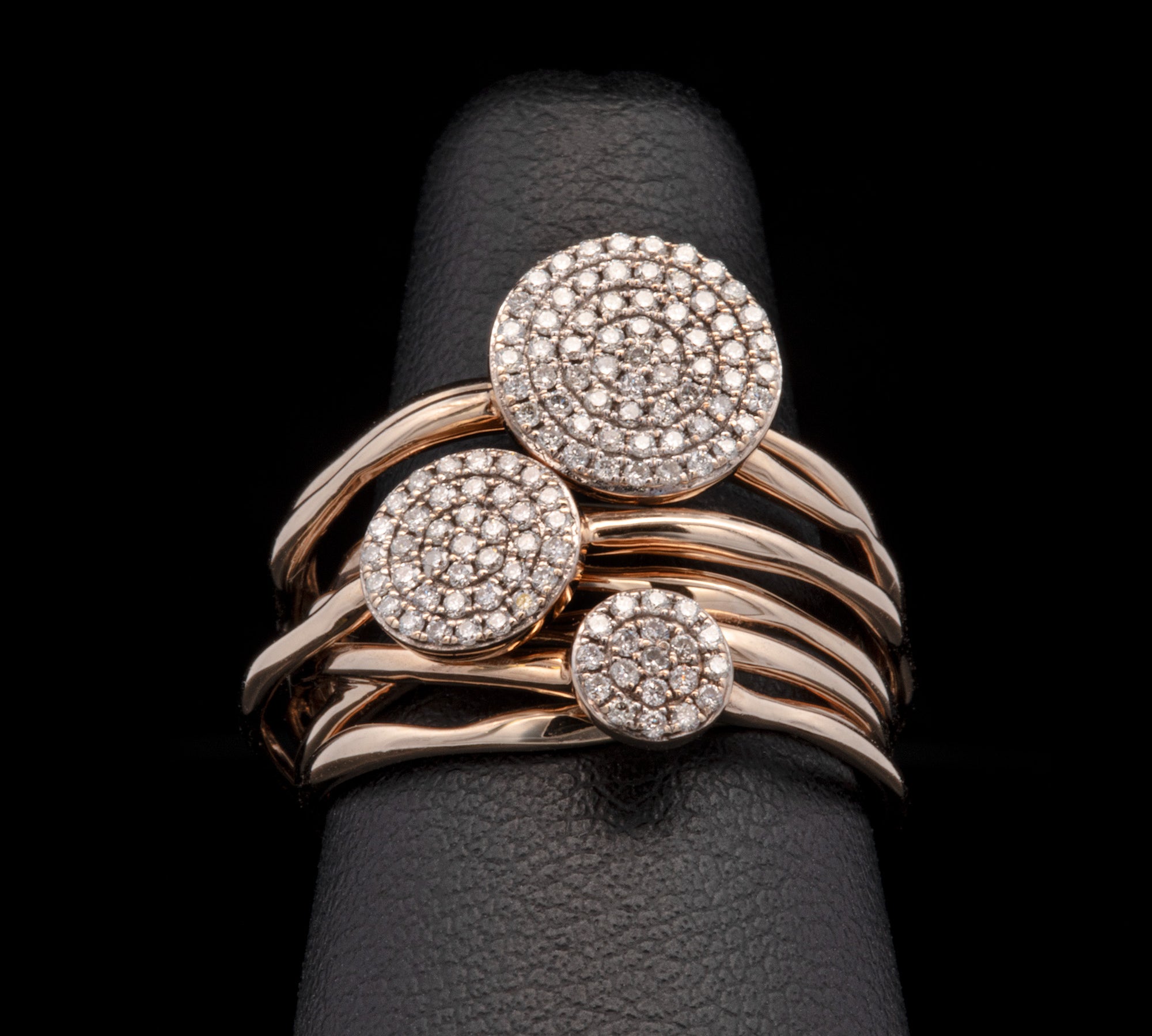 14K Yellow Gold Triple Circle Diamond Cluster Ring