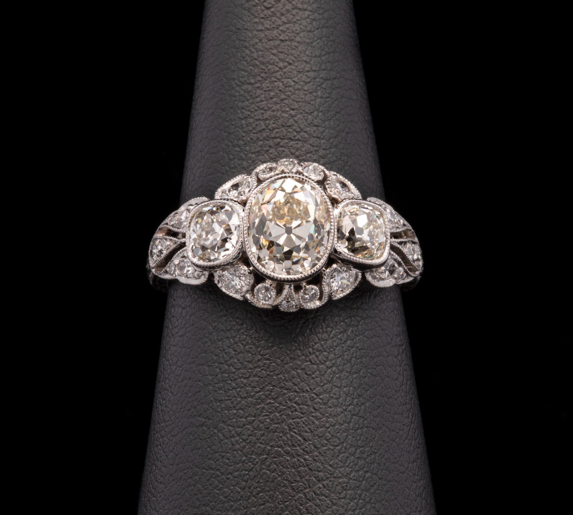 Platinum Art Deco Filigree Three Stone Diamond Chased Ring