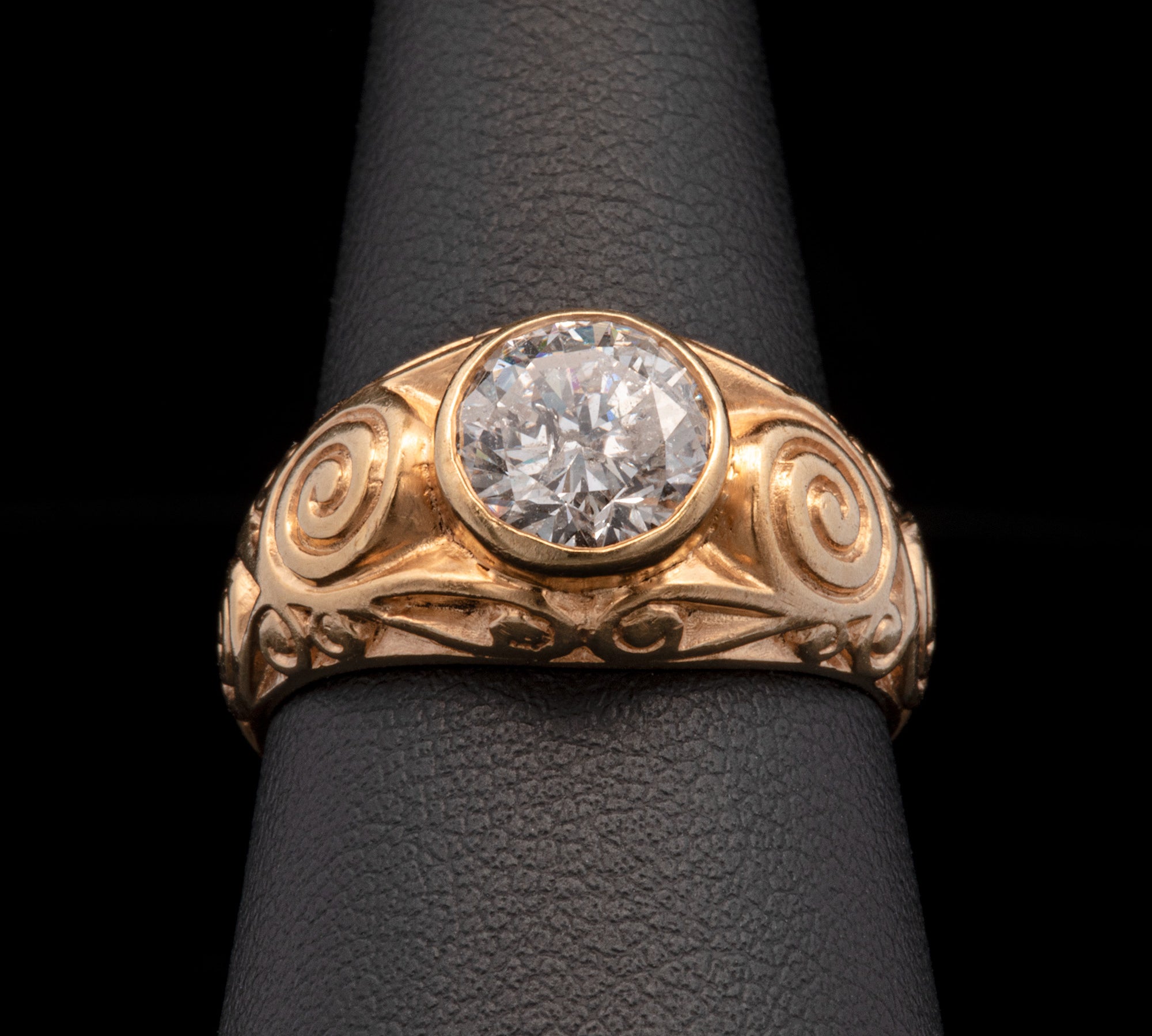 14K Yellow Gold Carved Diamond Solitaire Ring