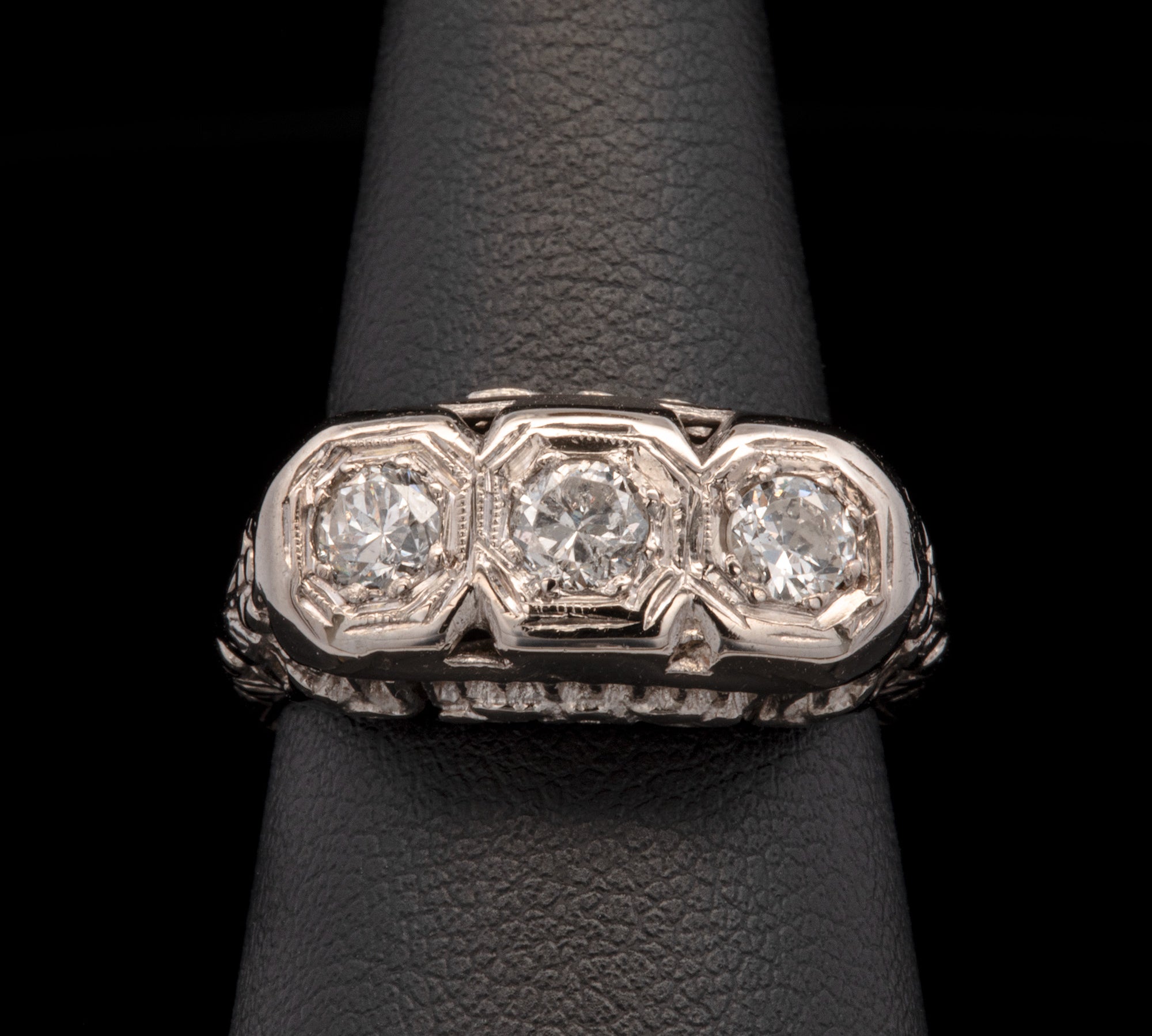 14K White Gold Art Deco Three Stone Diamond Ring