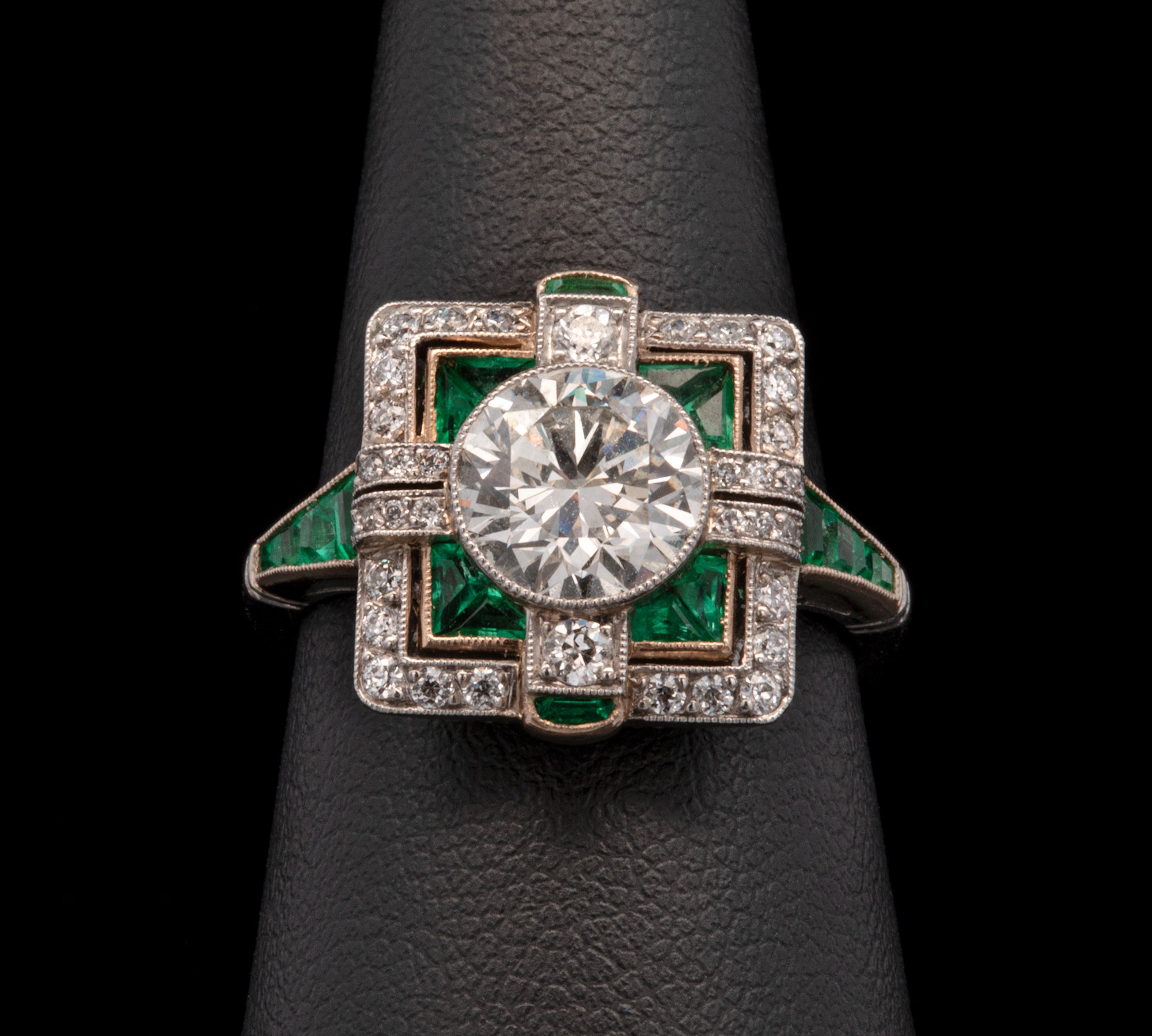 Platinum Diamond And Emerald Square Ring