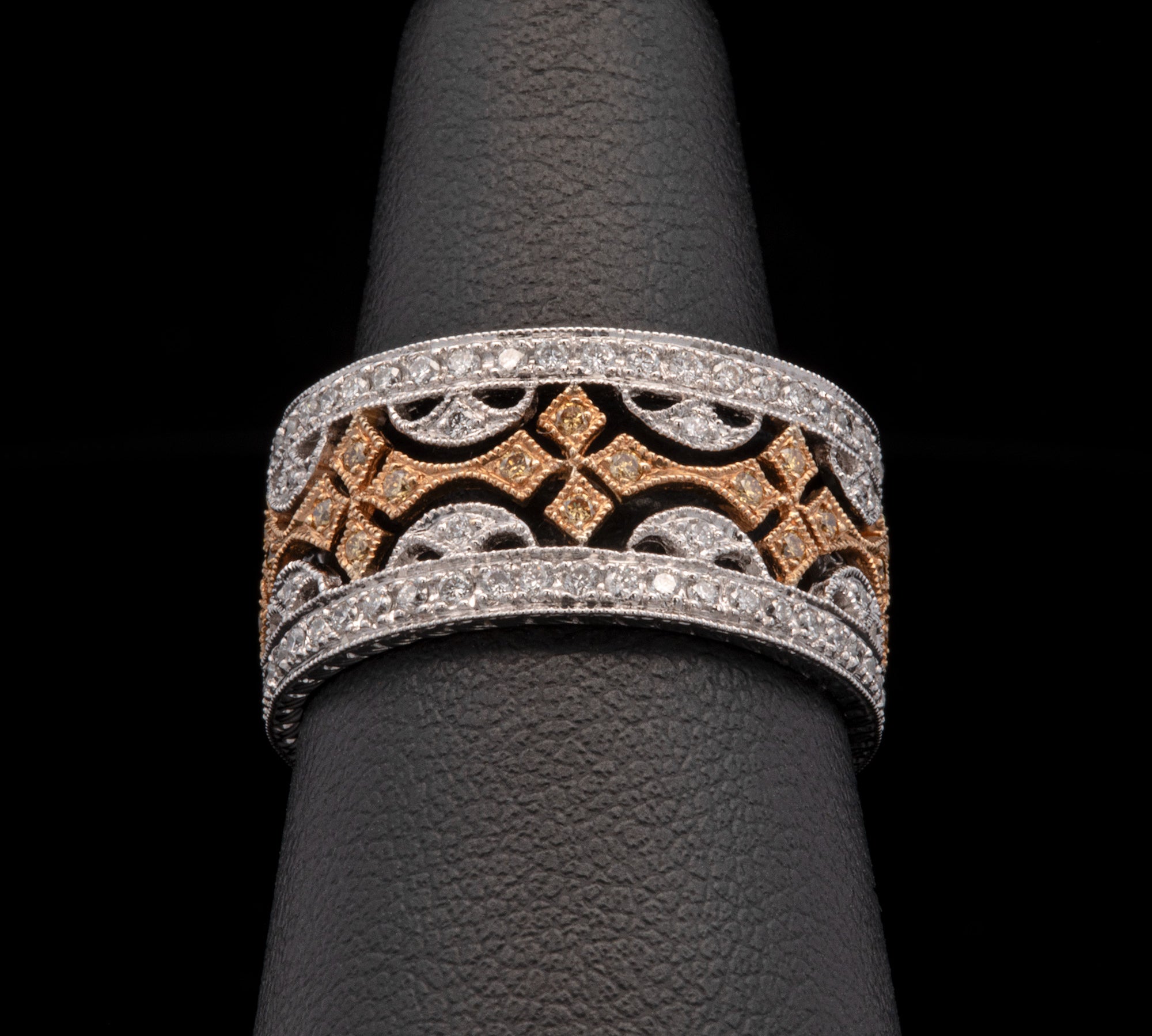 18K Yellow And White Gold Wide Filigree Eternity Band With Yellow And White Diamonds