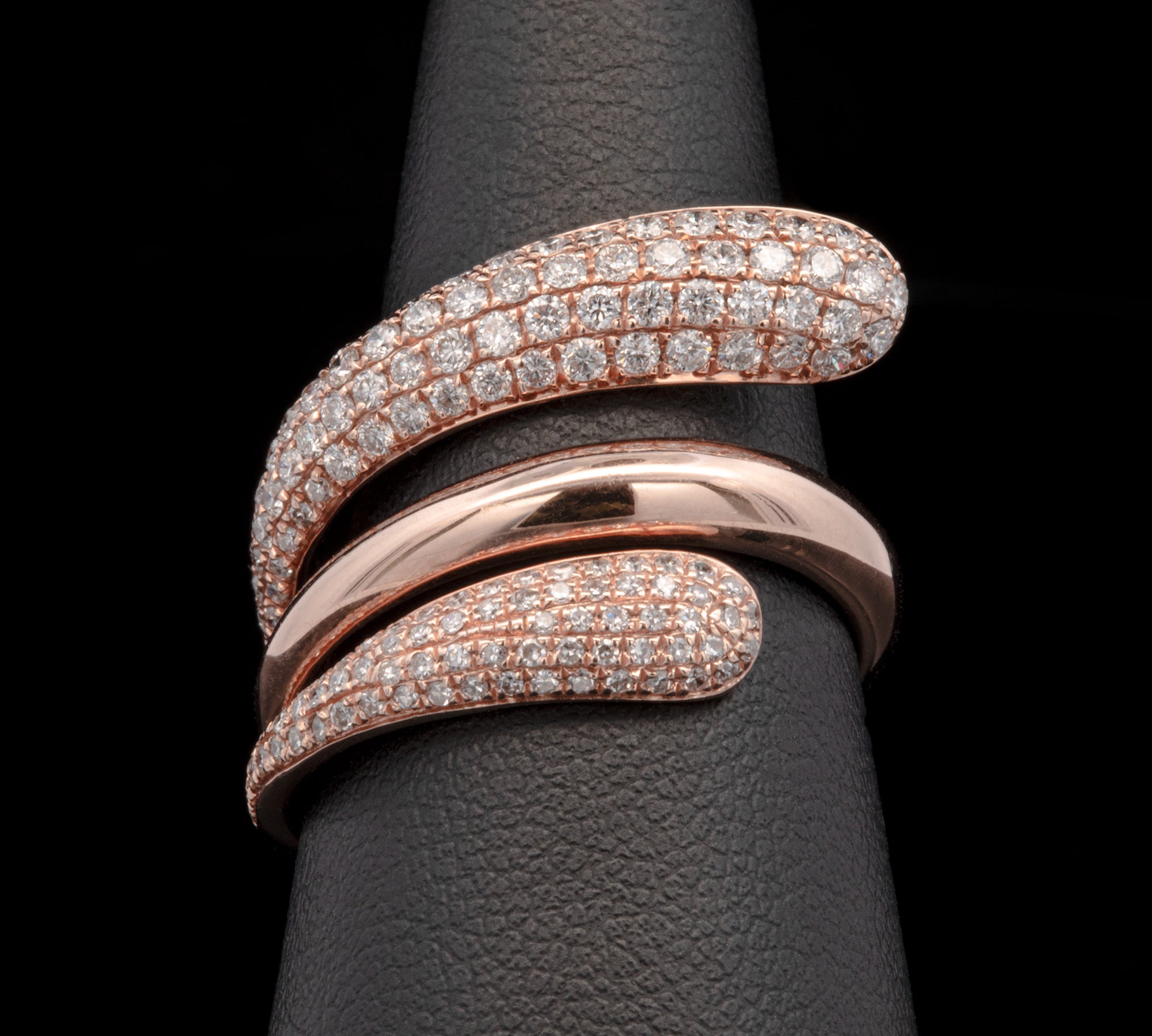 14K Rose Gold "Effy" Pave Diamond Three Row Diamond Bypass Ring