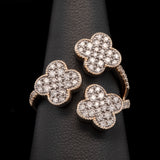 14K Yellow Gold Triple Clover Diamond Pave Ring