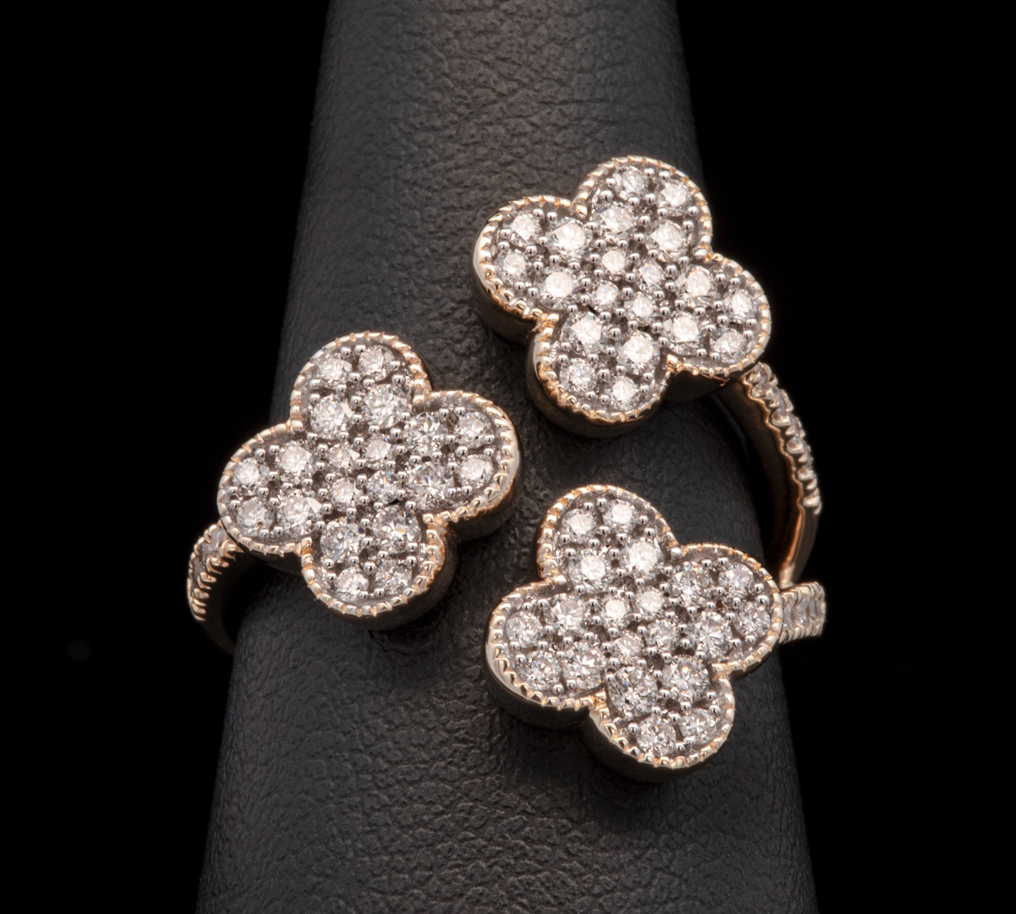 14K Yellow Gold Triple Clover Diamond Pave Ring