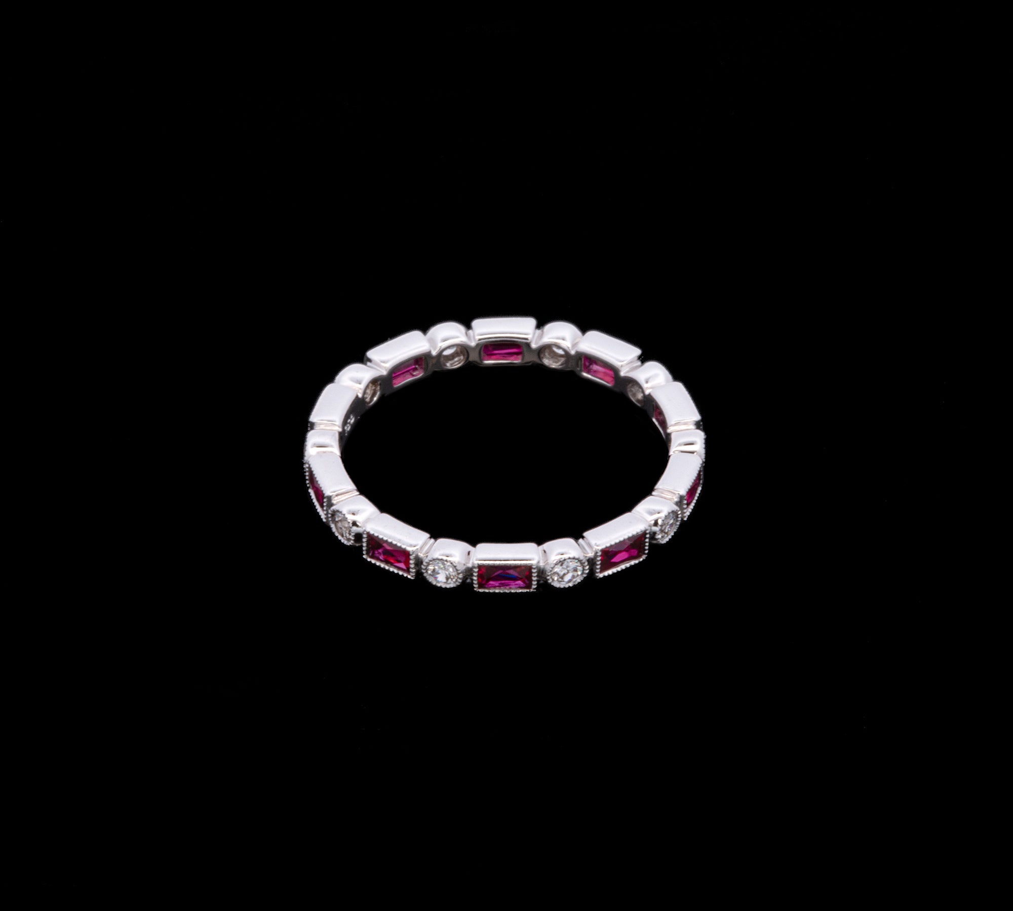 18K White Gold Round Diamond And French Cut Ruby Band