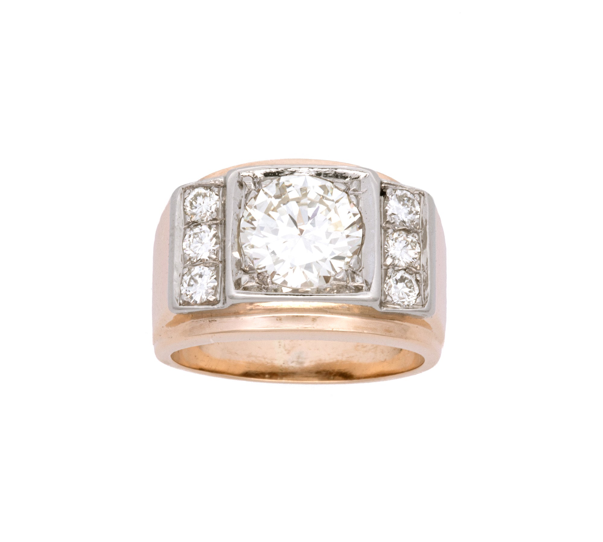 14K Yellow and White Gold Transitional Cut Diamond Men's Ring, Circa 1950
