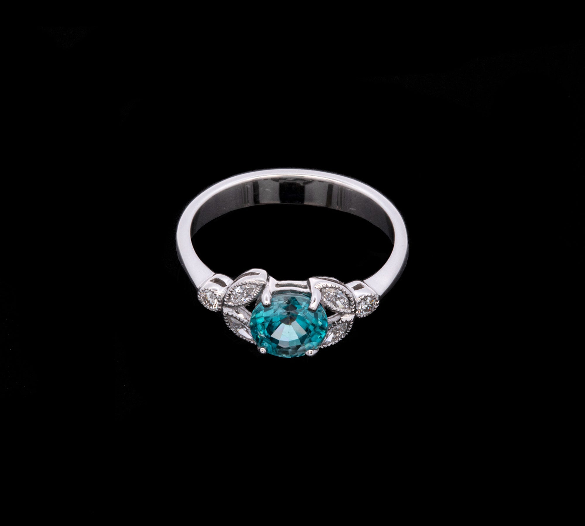18K White Gold Blue Zircon And Diamond Ring