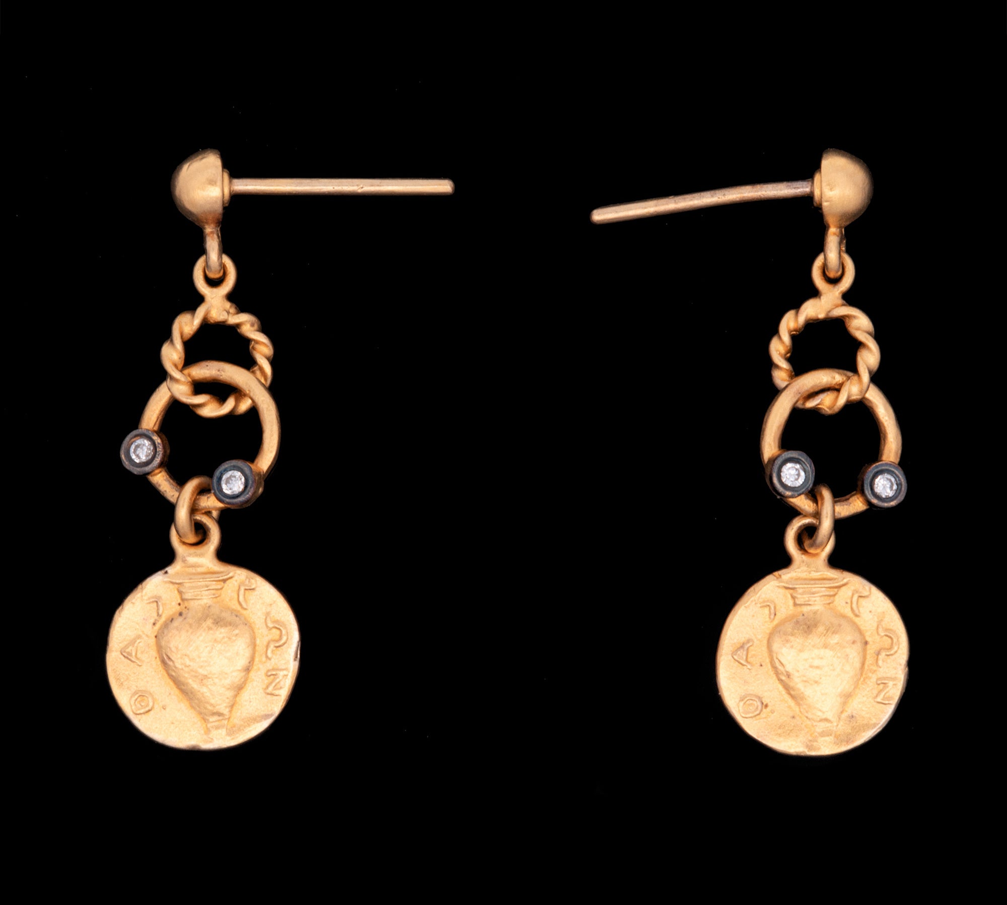 Sterling Silver And 22K Yellow Gold Disk Earrings With Vase Engraving And Diamonds