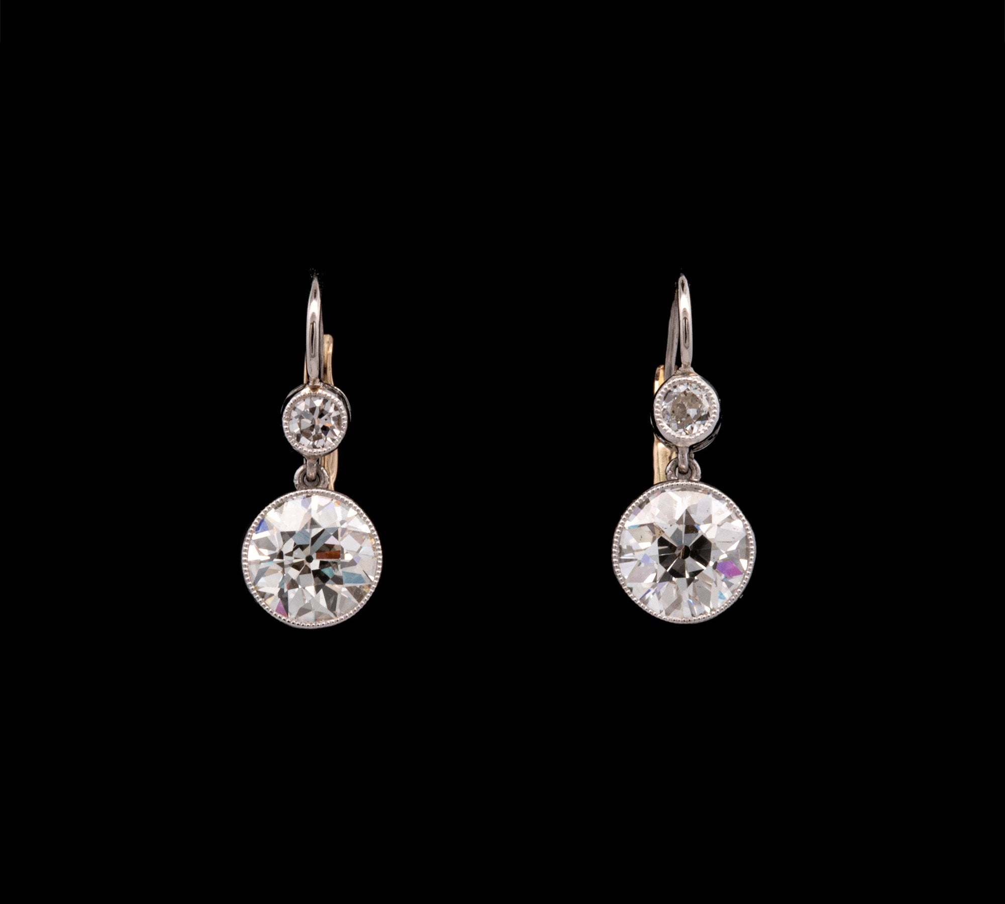 Platinum And 18K Yellow Gold Old Mine Cut Diamond Drop Earrings