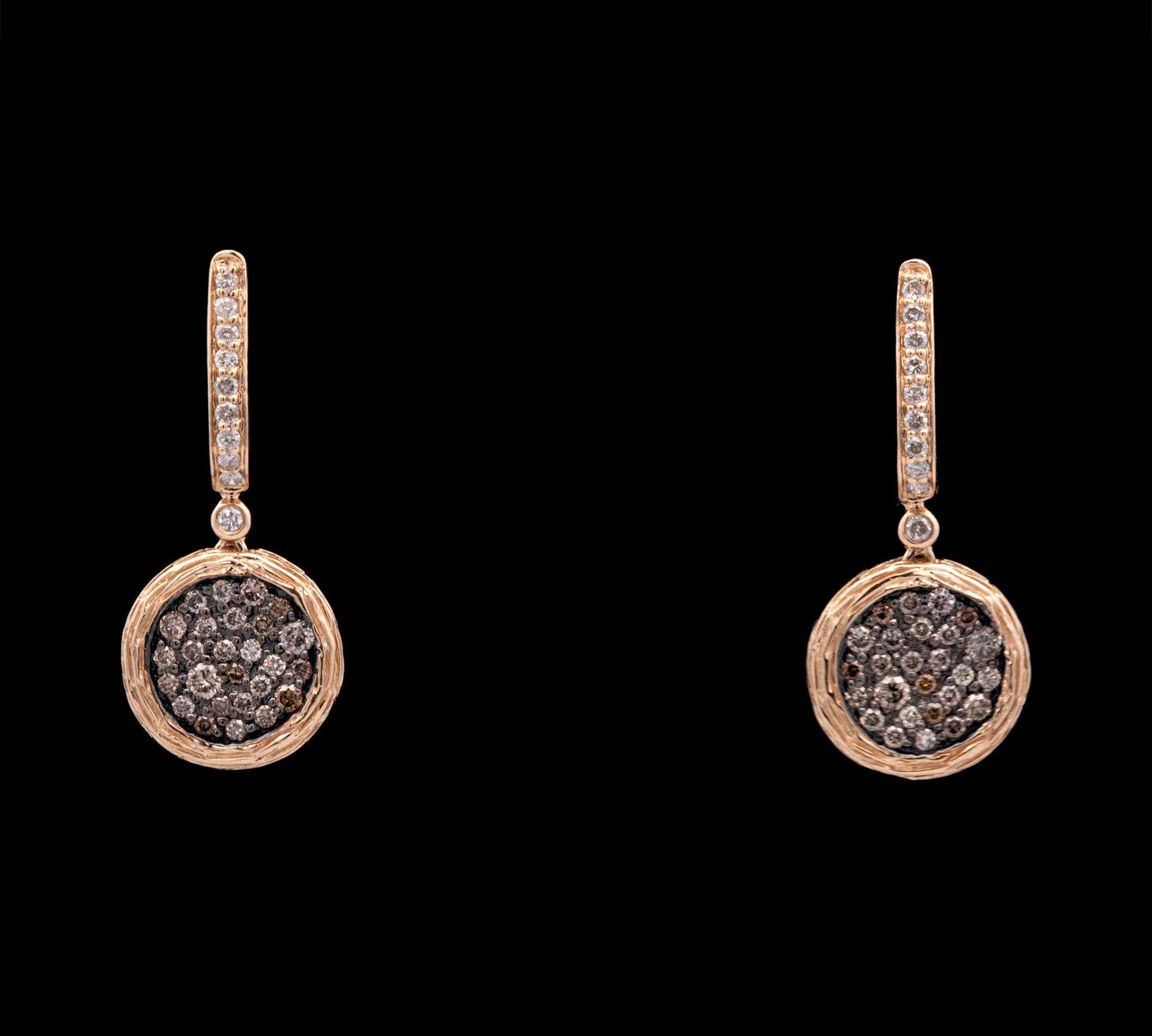 14K Yellow Gold White And Mocha Diamond Disk Earrings