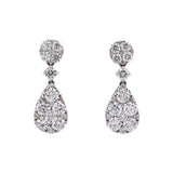 18K White Gold Cushion And Pear Shaped Illusion Cluster Drop Earrings