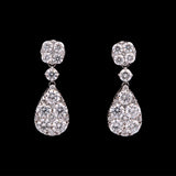 18K White Gold Cushion And Pear Shaped Illusion Cluster Drop Earrings