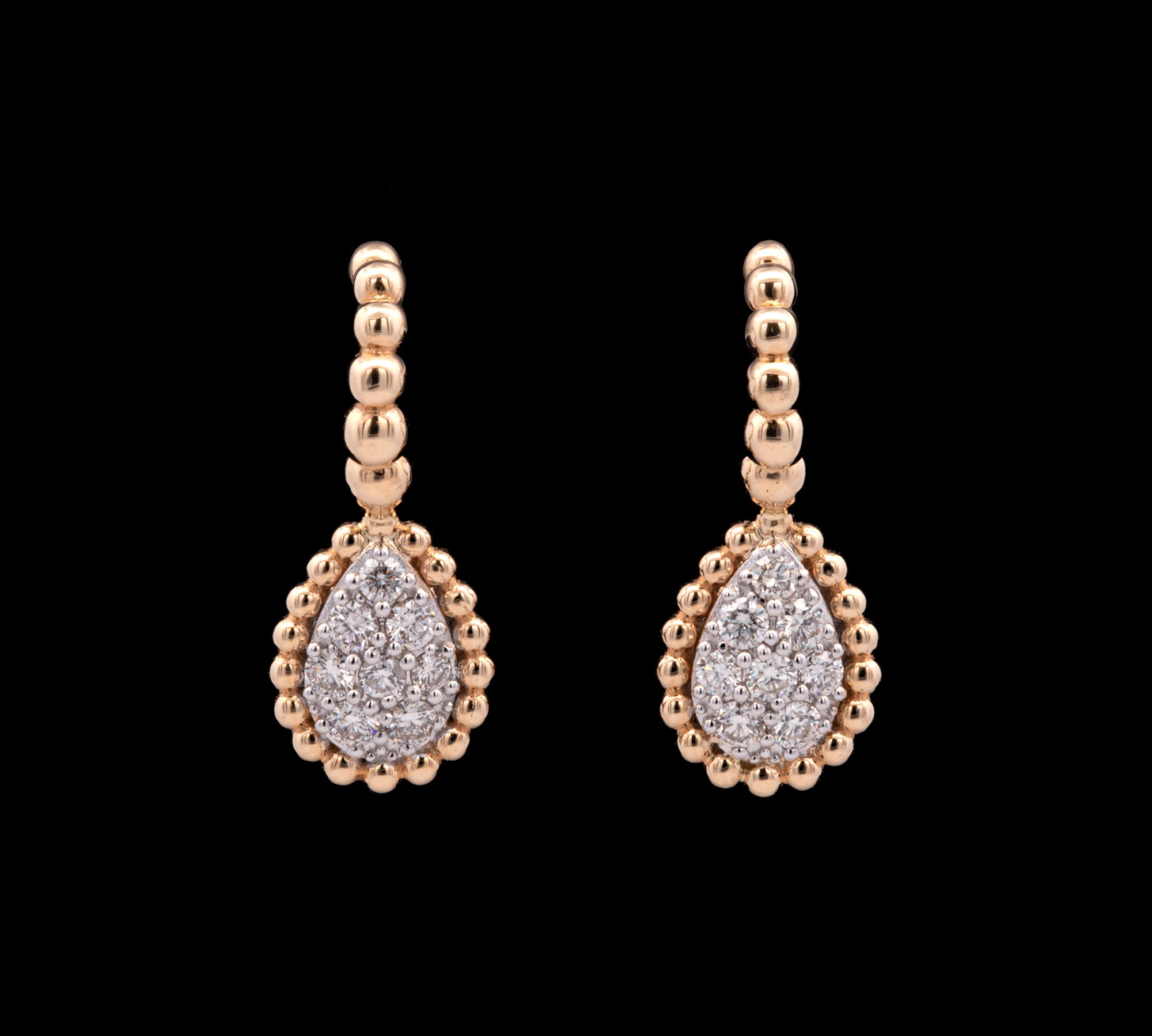 18KYellow Gold Tear Drop pave Diamond Hanging Earrings with Beaded Trim.