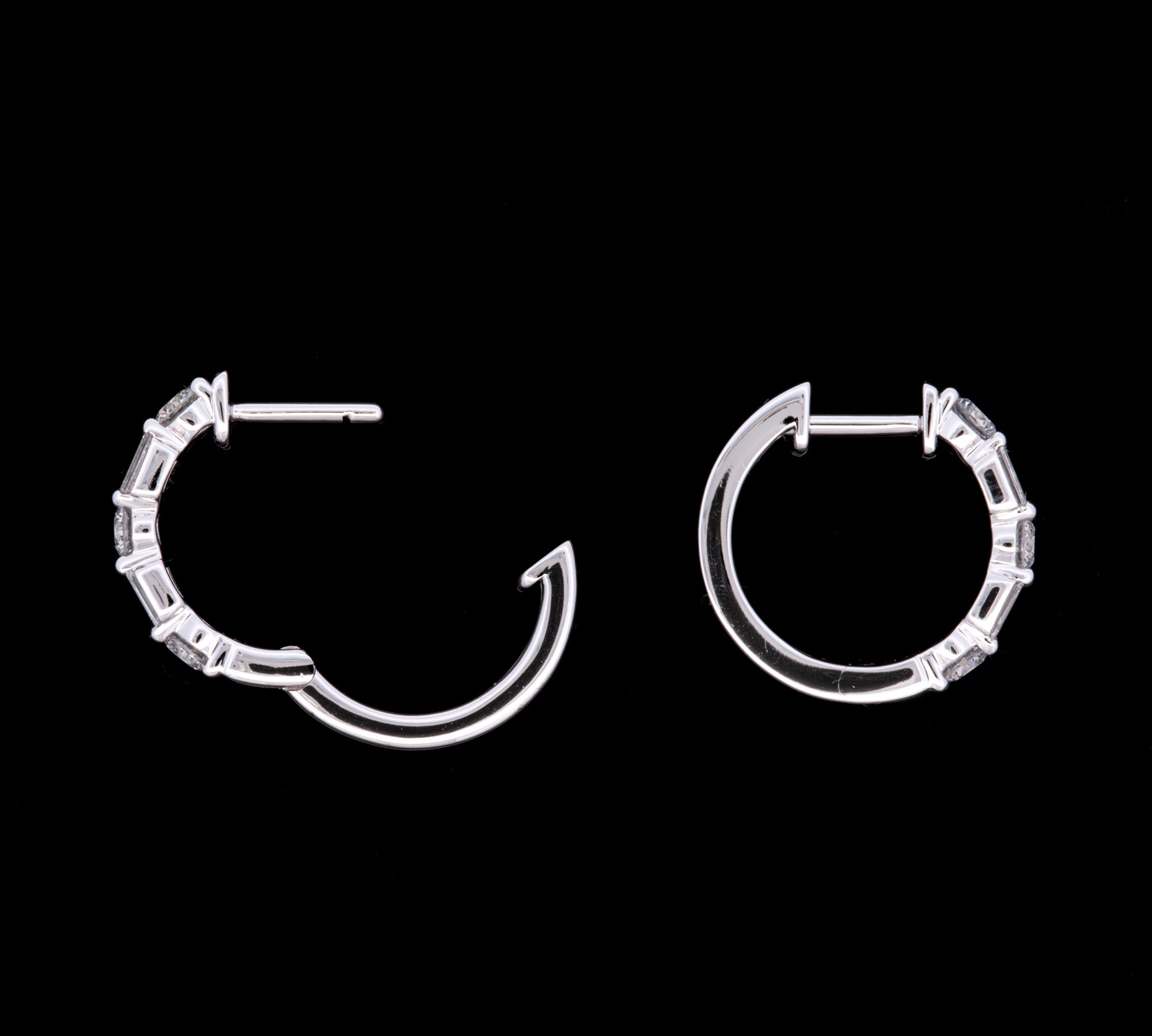 14K White Gold Round And Baguette Diamond Hoop Earrings