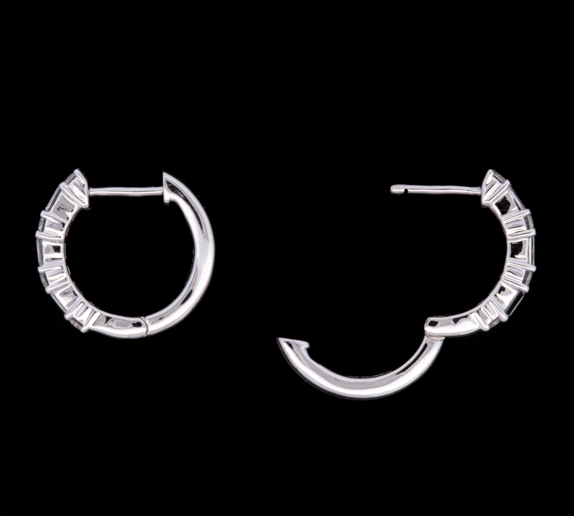 14K White Gold Baguette And Round Diamond Huggie Earrings