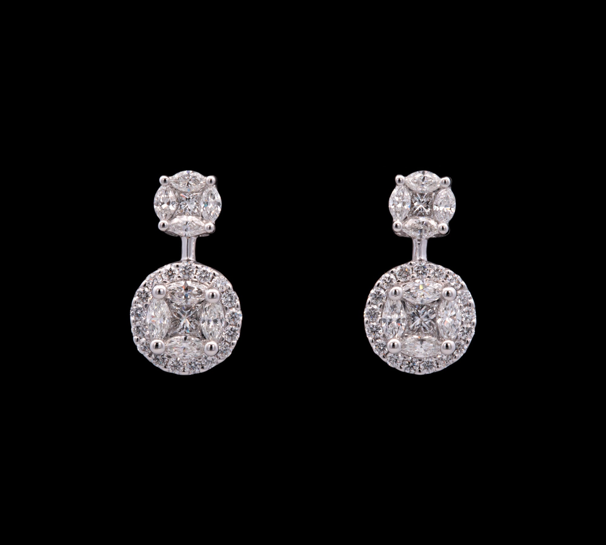 18K White Gold Diamond Hanging Stud Earrings