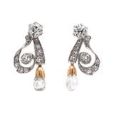 Platinum And 18K Yellow Gold Edwardian Diamond Scroll Briolette Drop Earrings