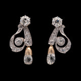 Platinum And 18K Yellow Gold Edwardian Diamond Scroll Briolette Drop Earrings