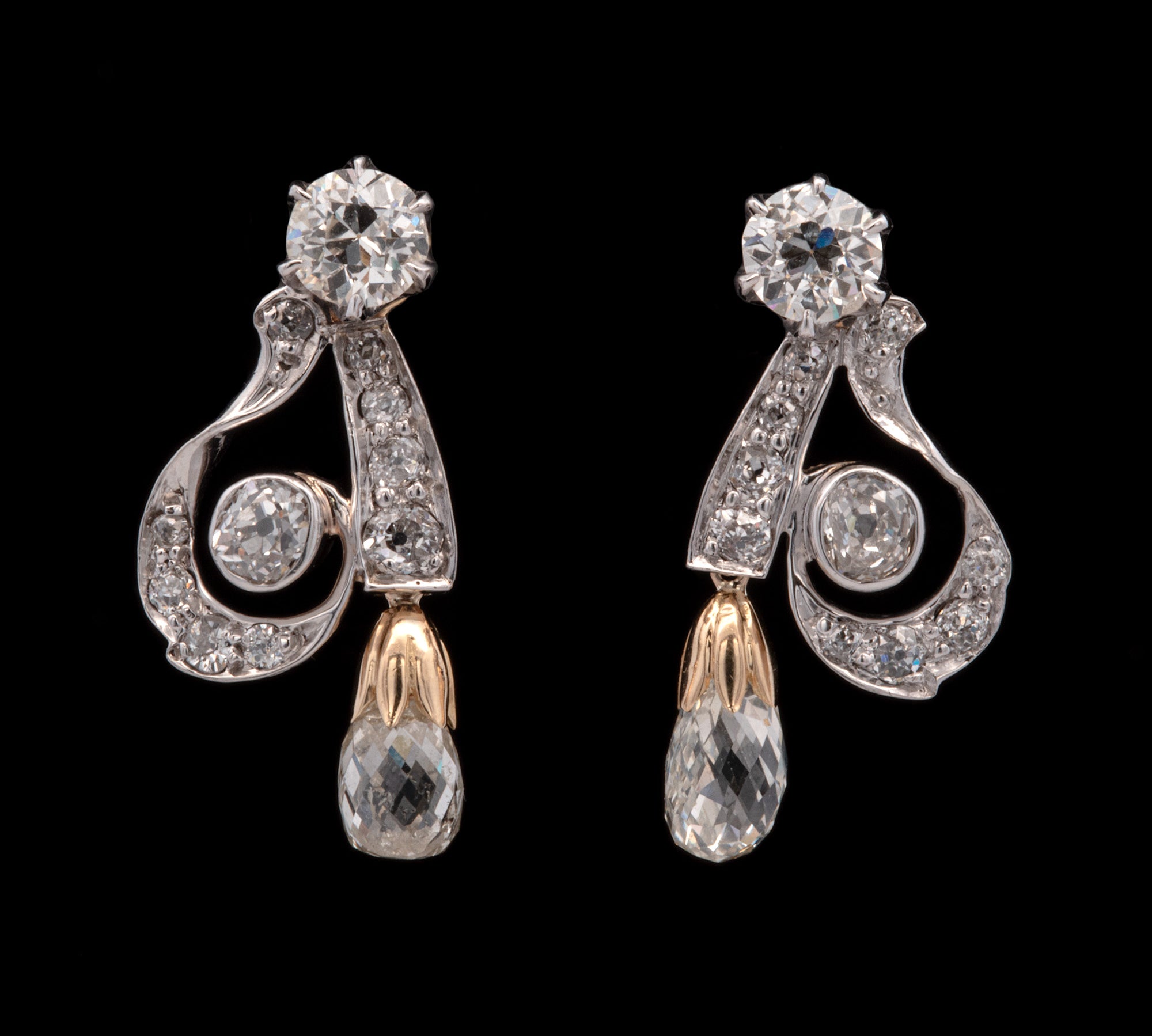 Platinum And 18K Yellow Gold Edwardian Diamond Scroll Briolette Drop Earrings