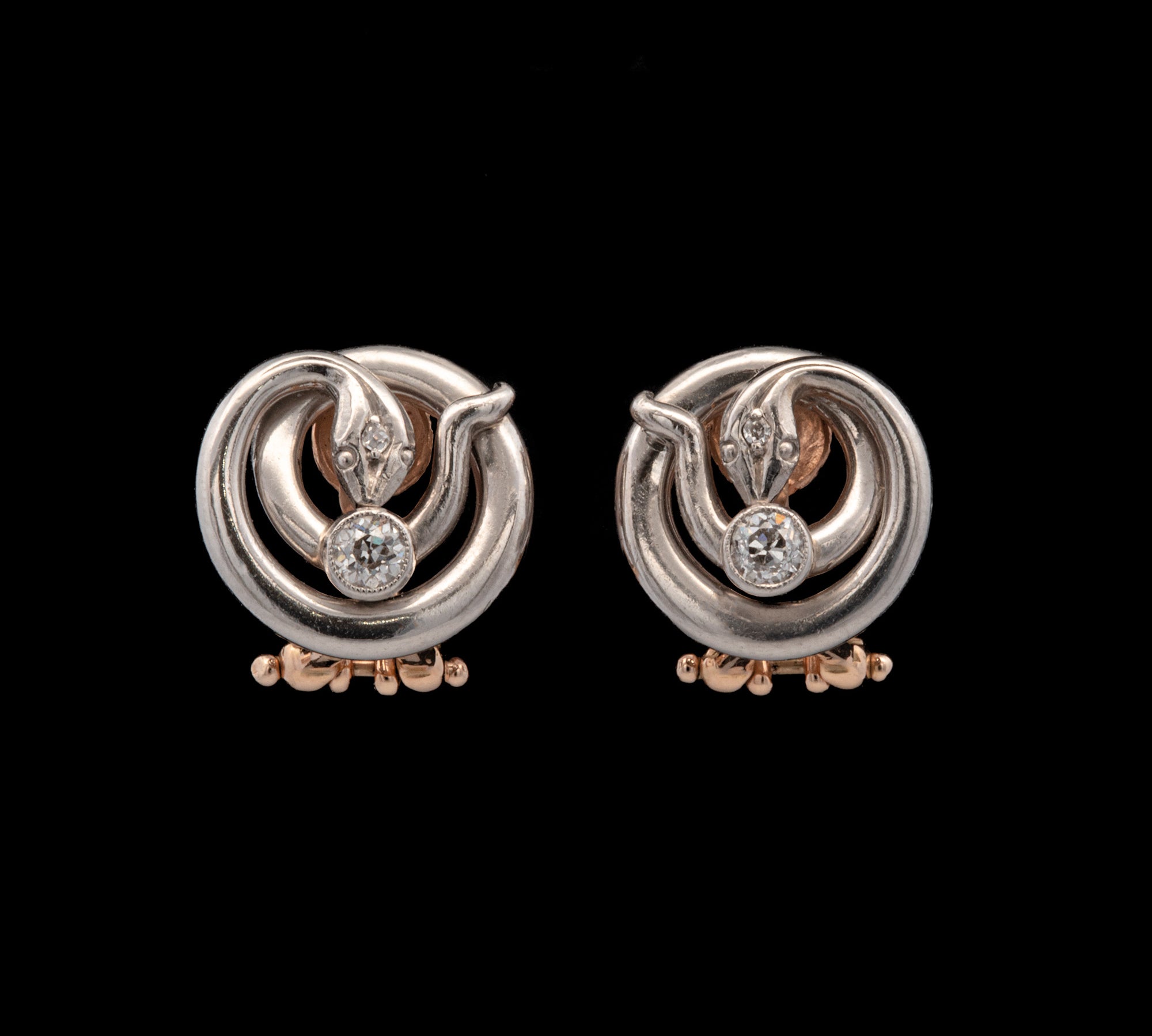 Platinum And 18K Yellow Gold Diamond Snake Earrings With Omega Backs, Circa 1950s