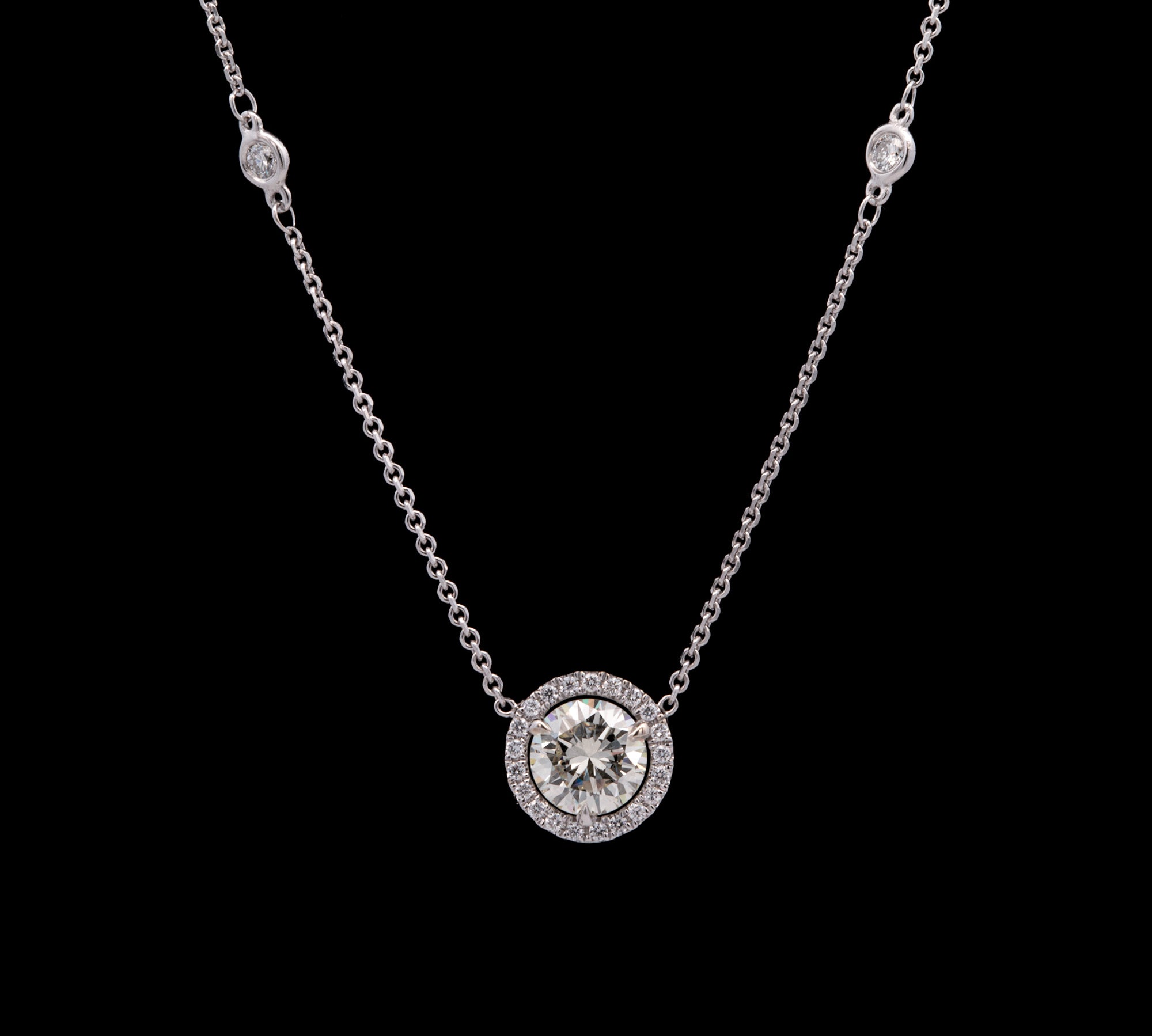 14K And 18K White Gold Diamond Halo Pendant With 14K White Gold Diamond Chain